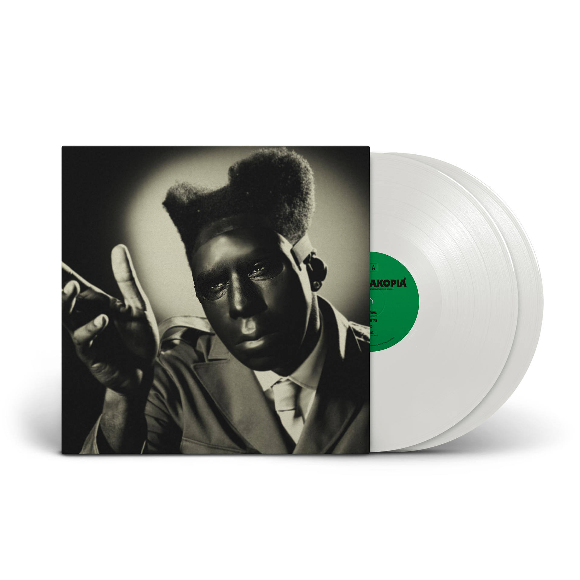 Monochrome image of a person with dark face and hair, holding a vinyl record sleeve and white records.