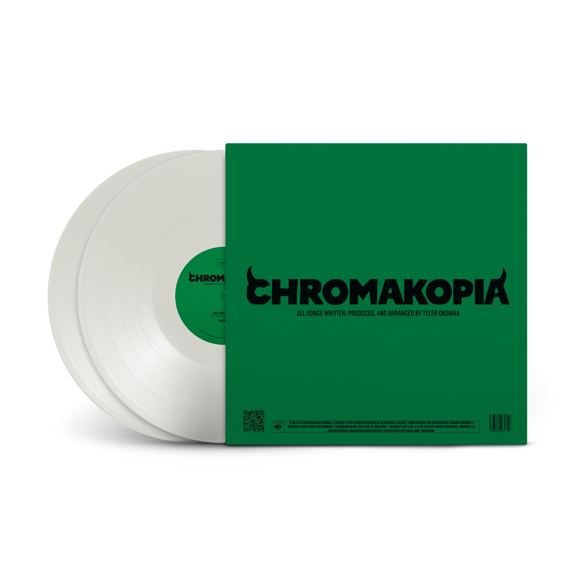 Vinyl record album 'Chromakopia'. Green cover with black text. Two white vinyl records are visible.