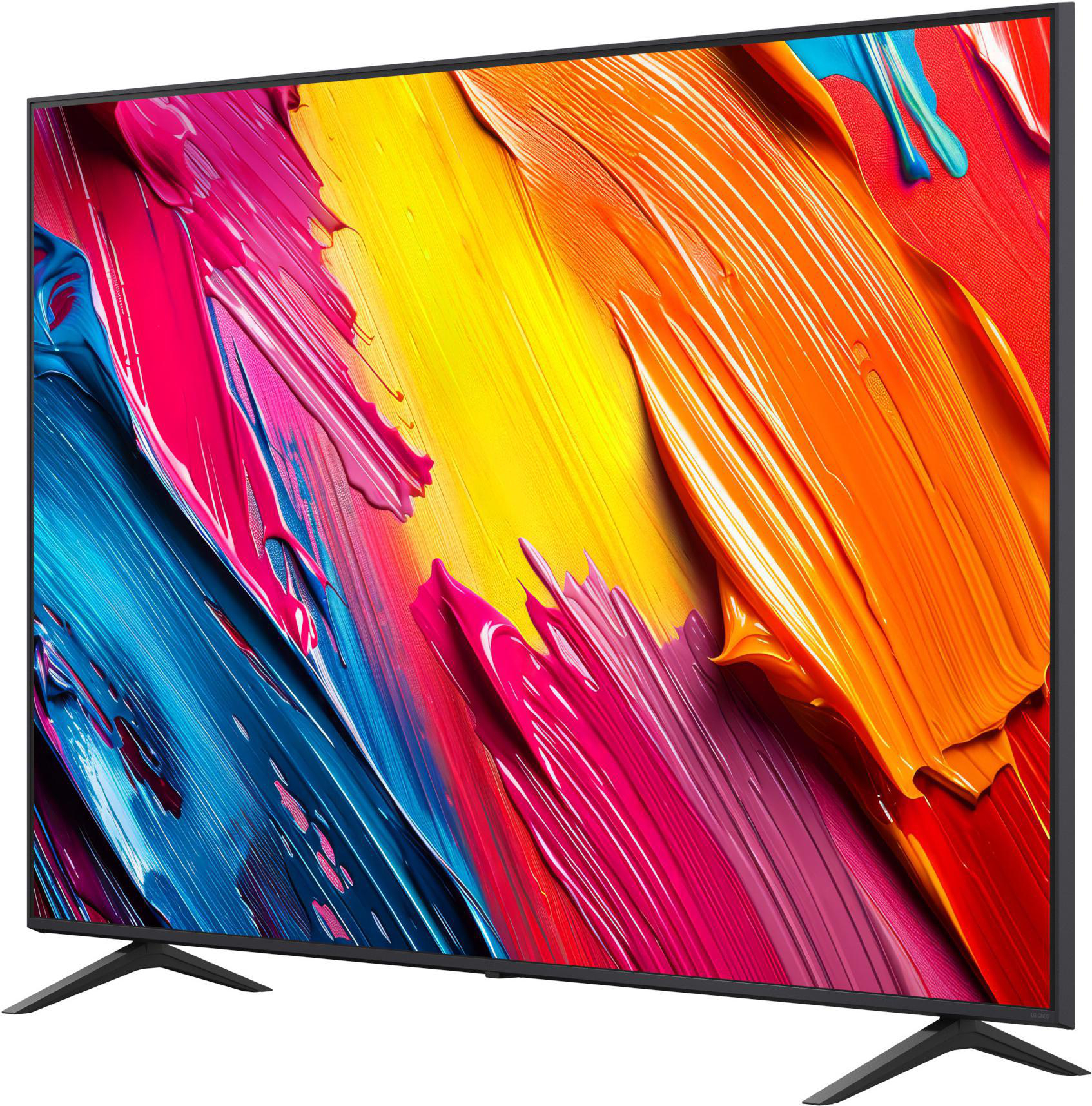 Fernsehbildschirm mit bunten, abstrakten Farbstrichen in Pink, Gelb, Orange, Blau und Rot. Schwarzer Ständer.