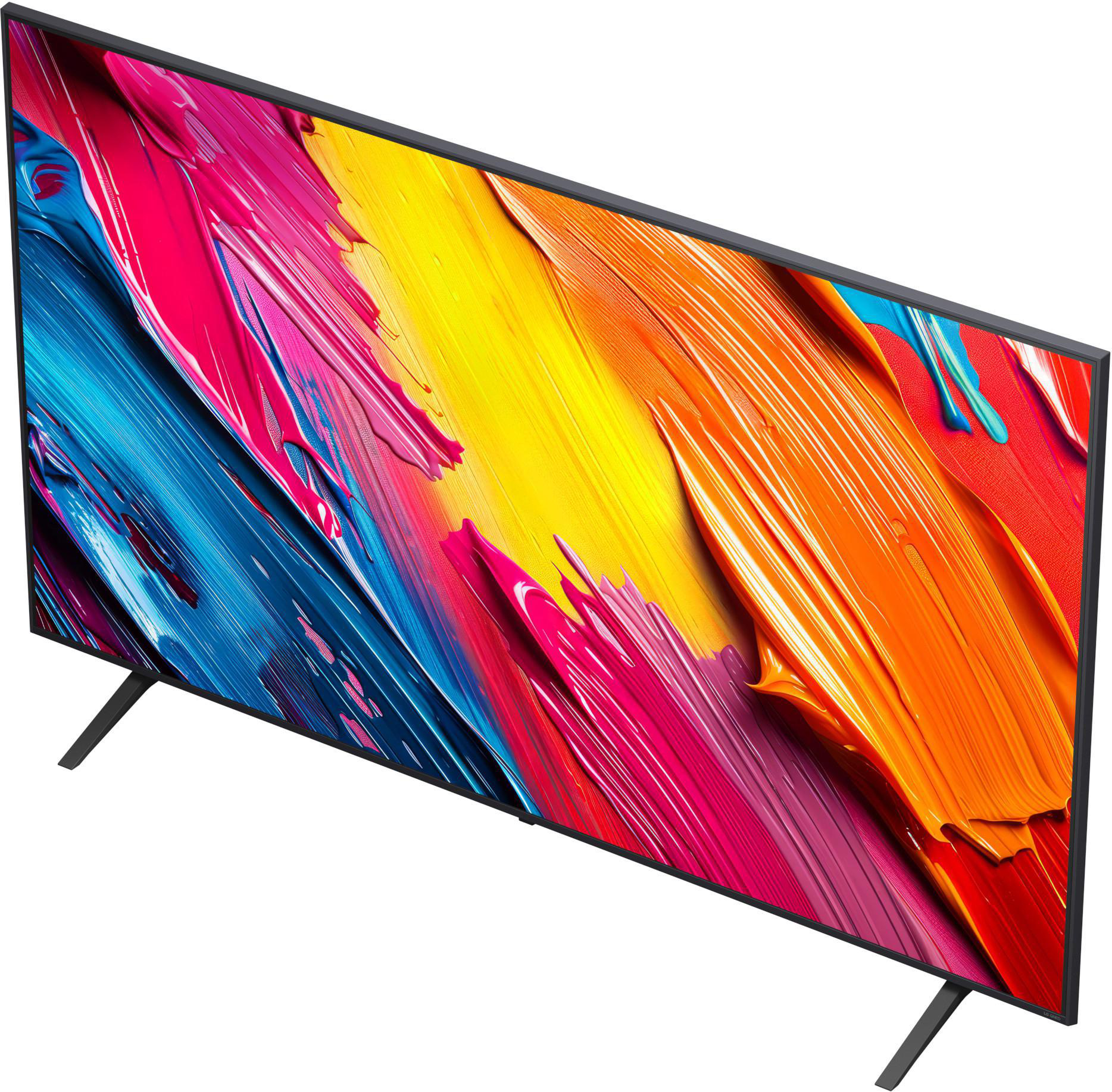 Fernseher mit farbenfroher abstrakter Kunst auf dem Bildschirm, mit Pinselstrichen in Pink, Gelb, Blau und Orange.