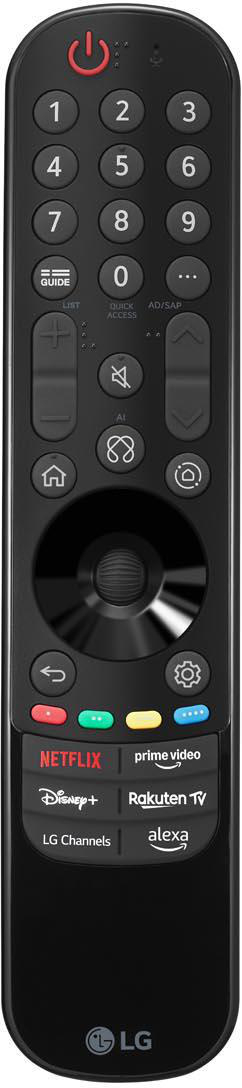 Schwarze LG TV-Fernbedienung. Enthält die Nummern 1-9, Netflix, Disney+ und andere Streaming-Dienste.