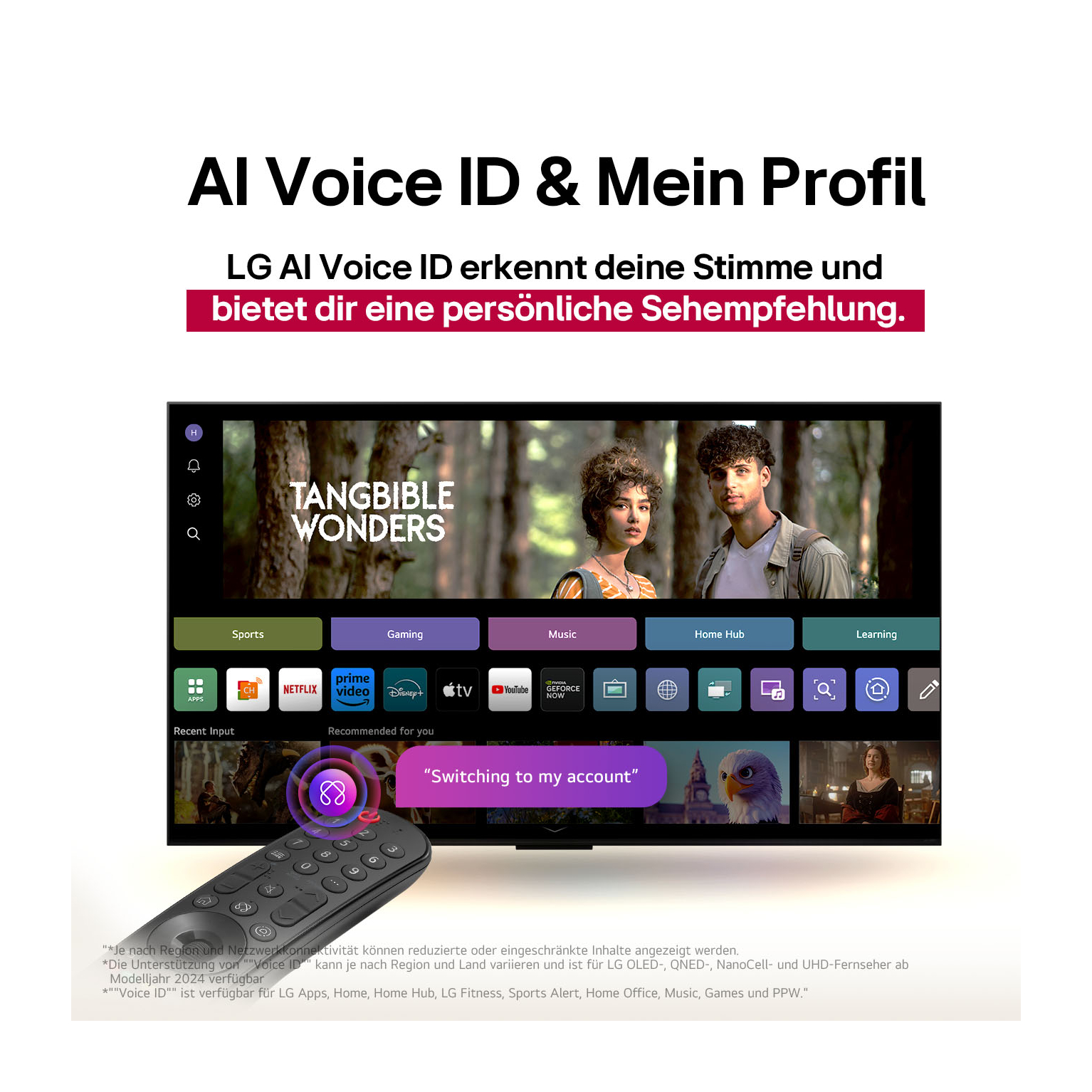 TV-Bildschirm mit einem Film, darunter eine Fernbedienung. Text: 'AI Voice ID & Mein Profil' und 'Switching to my account'.