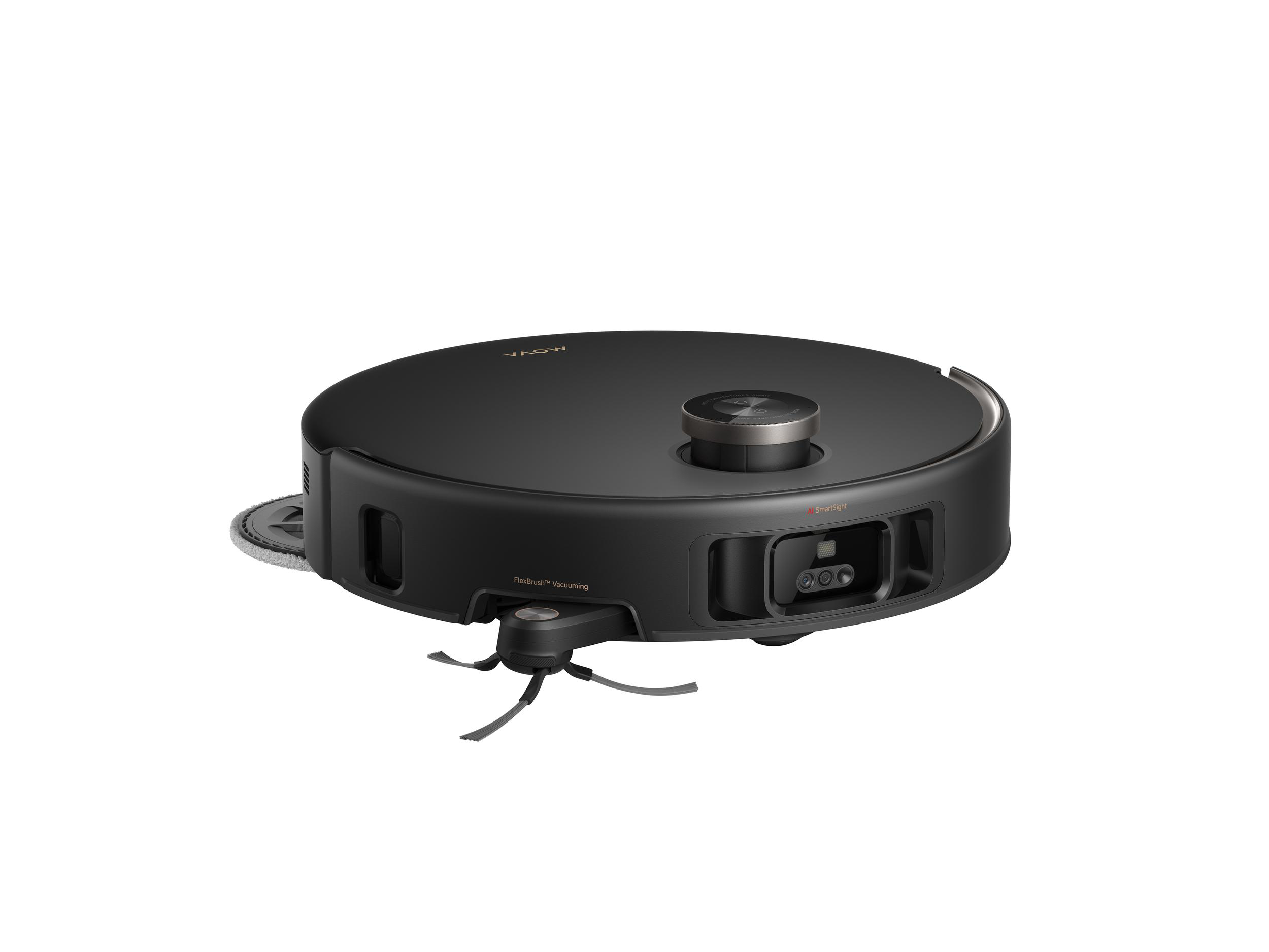Ein schwarzer Roboter-Staubsauger auf weißem Hintergrund. Er hat eine runde Form und Reinigungsbürsten.