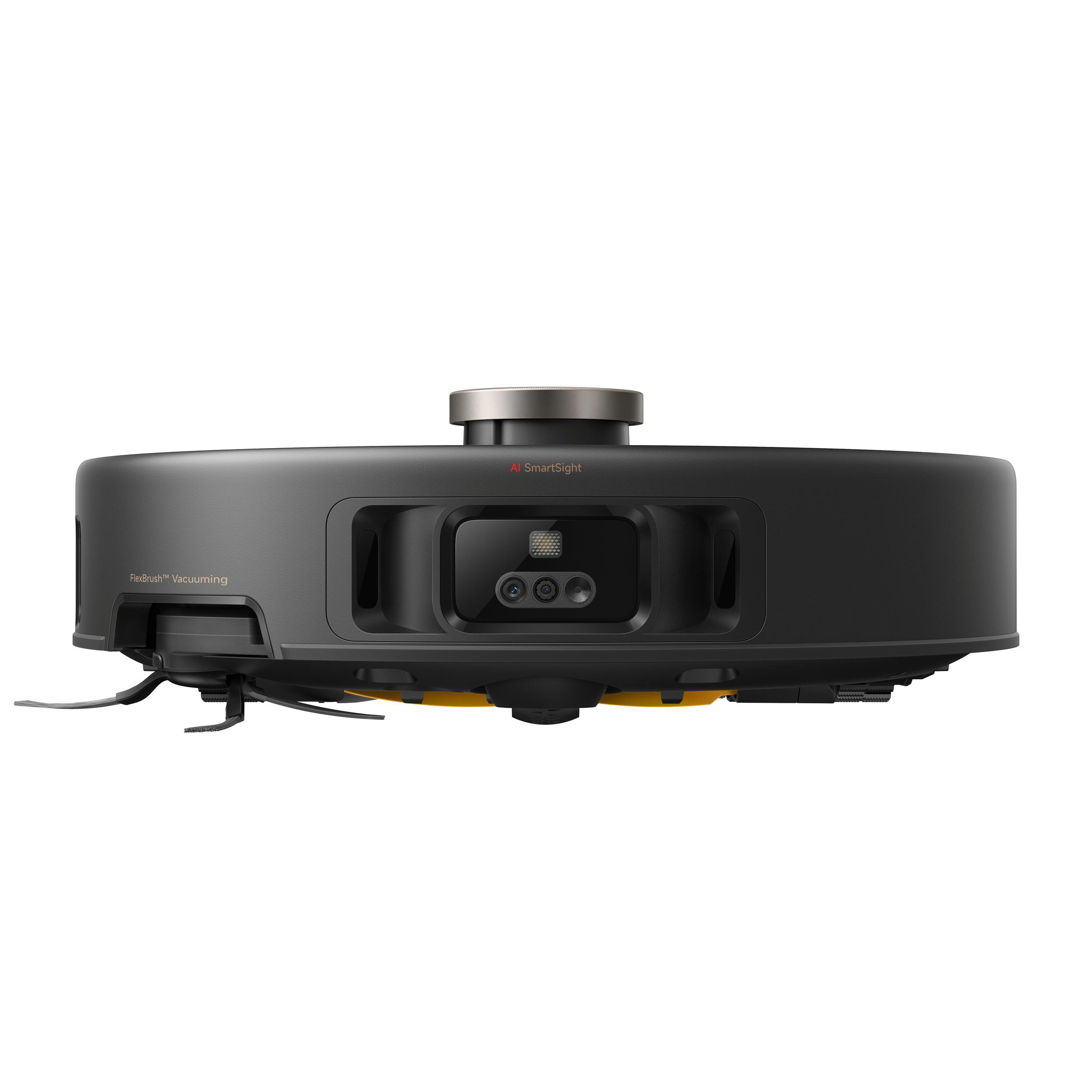 Ein schwarzer und grauer Roboter-Staubsauger auf weißem Hintergrund. Er hat eine Kamera und ist mit 'AI SmartSight' beschriftet.