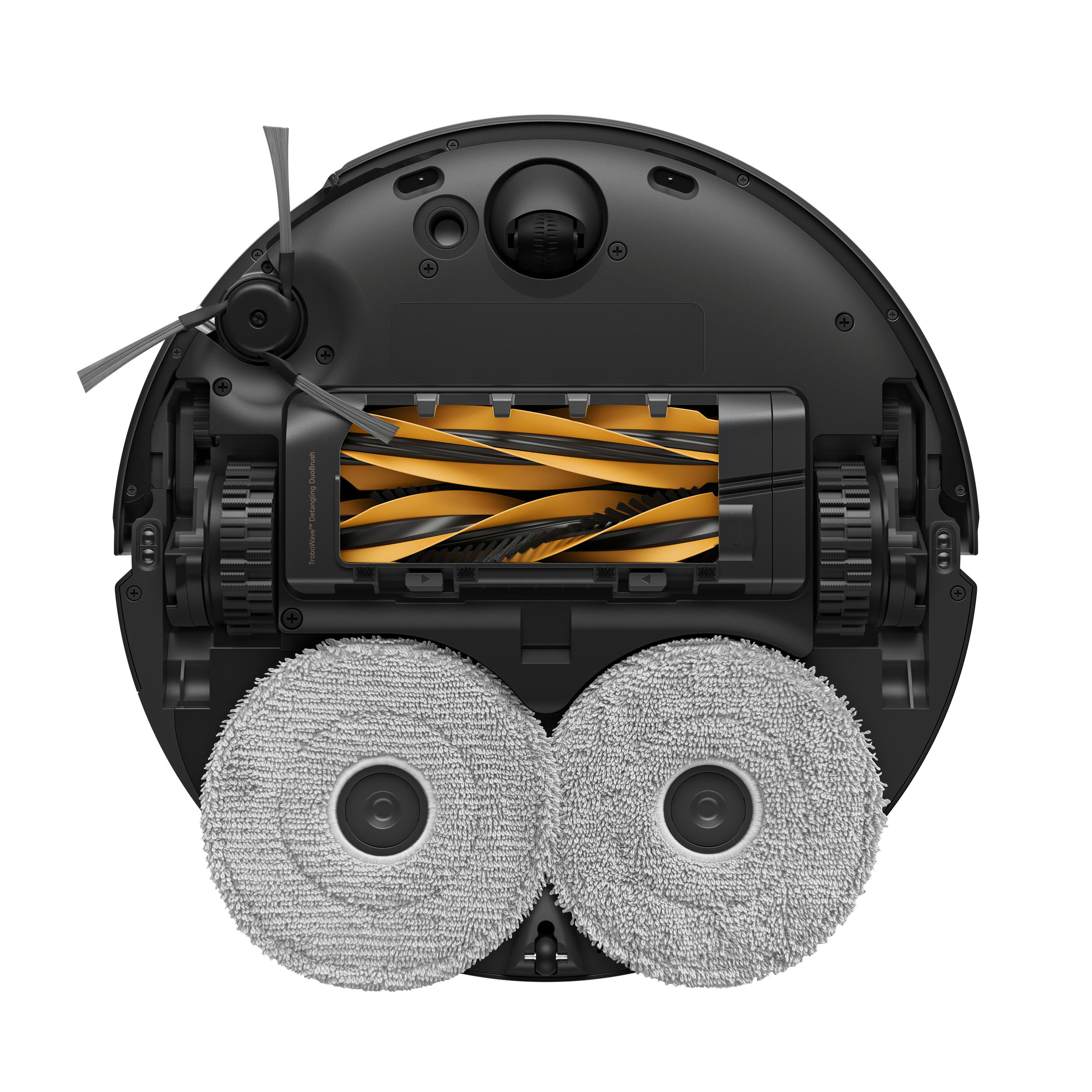 Draufsicht auf einen schwarzen Roboter-Staubsauger. Er hat zwei graue Mopps, eine Bürste und eine Mittelbürste.