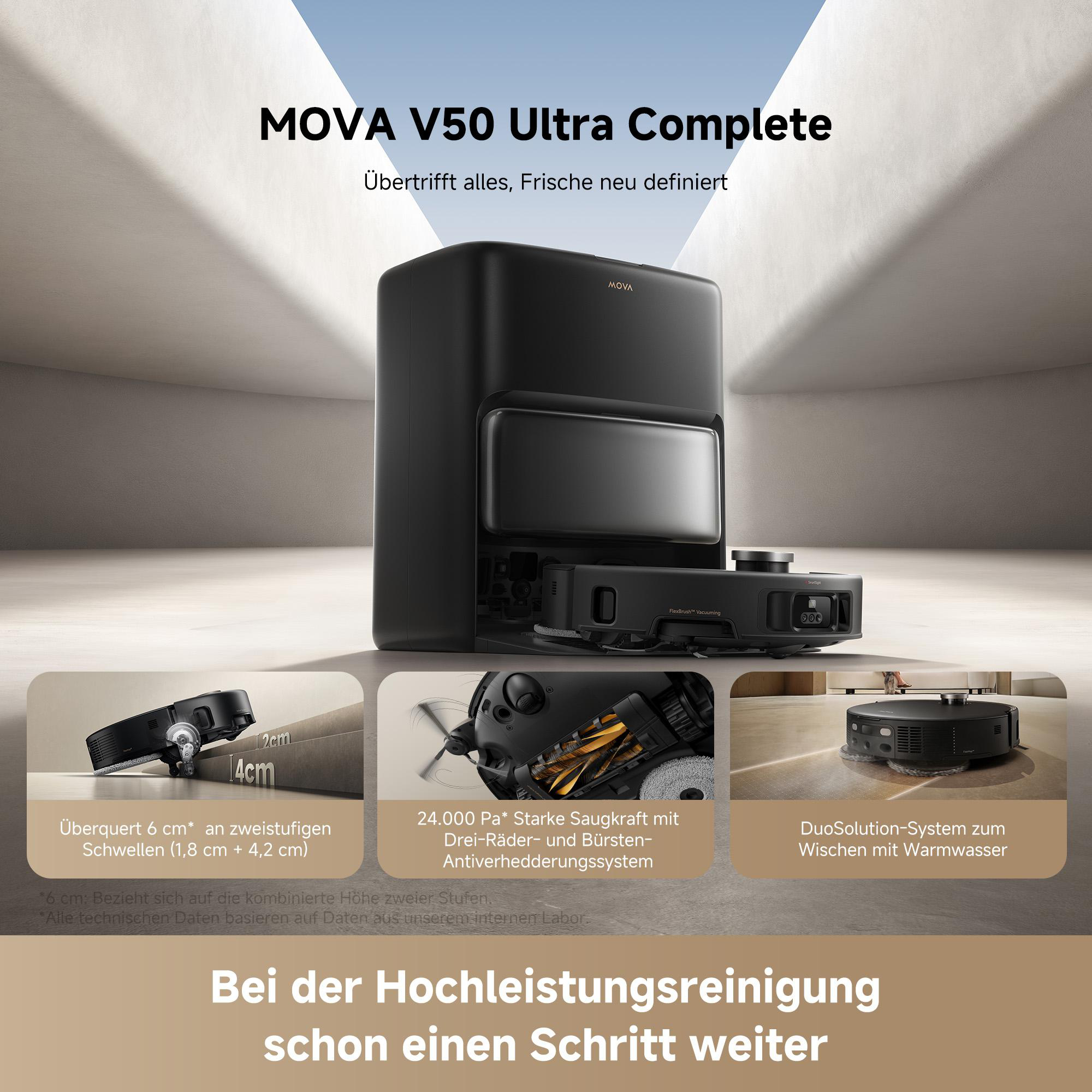 Das Bild zeigt einen schwarzen MOVA V50 Ultra Complete Roboter-Staubsauger, der Funktionen und Spezifikationen präsentiert. Der Text hebt seine Fähigkeiten hervor.