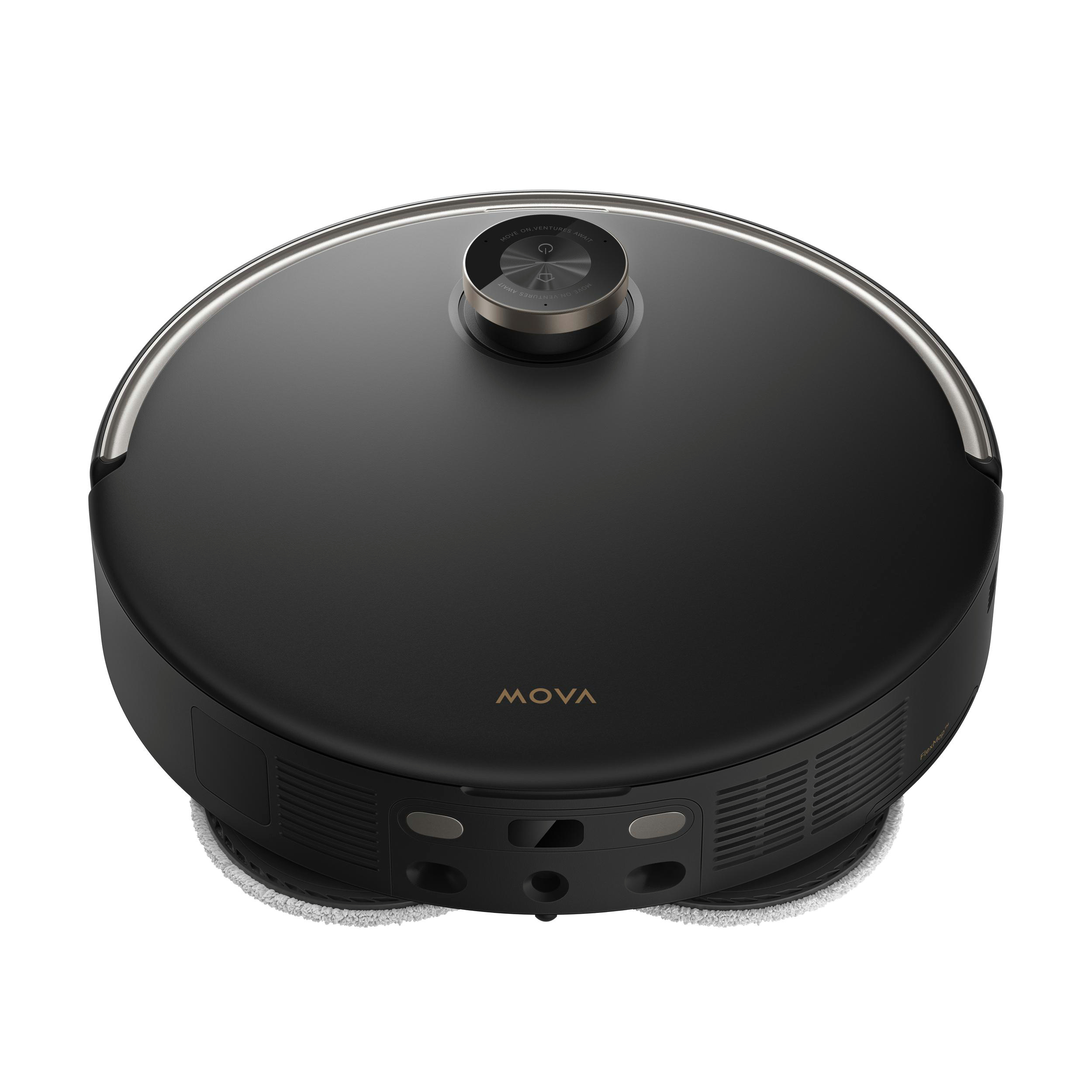 Schwarzer Roboter-Staubsauger, Draufsicht, mit zentralem Sensor, silberner Zierleiste und Text 'MOVA'.