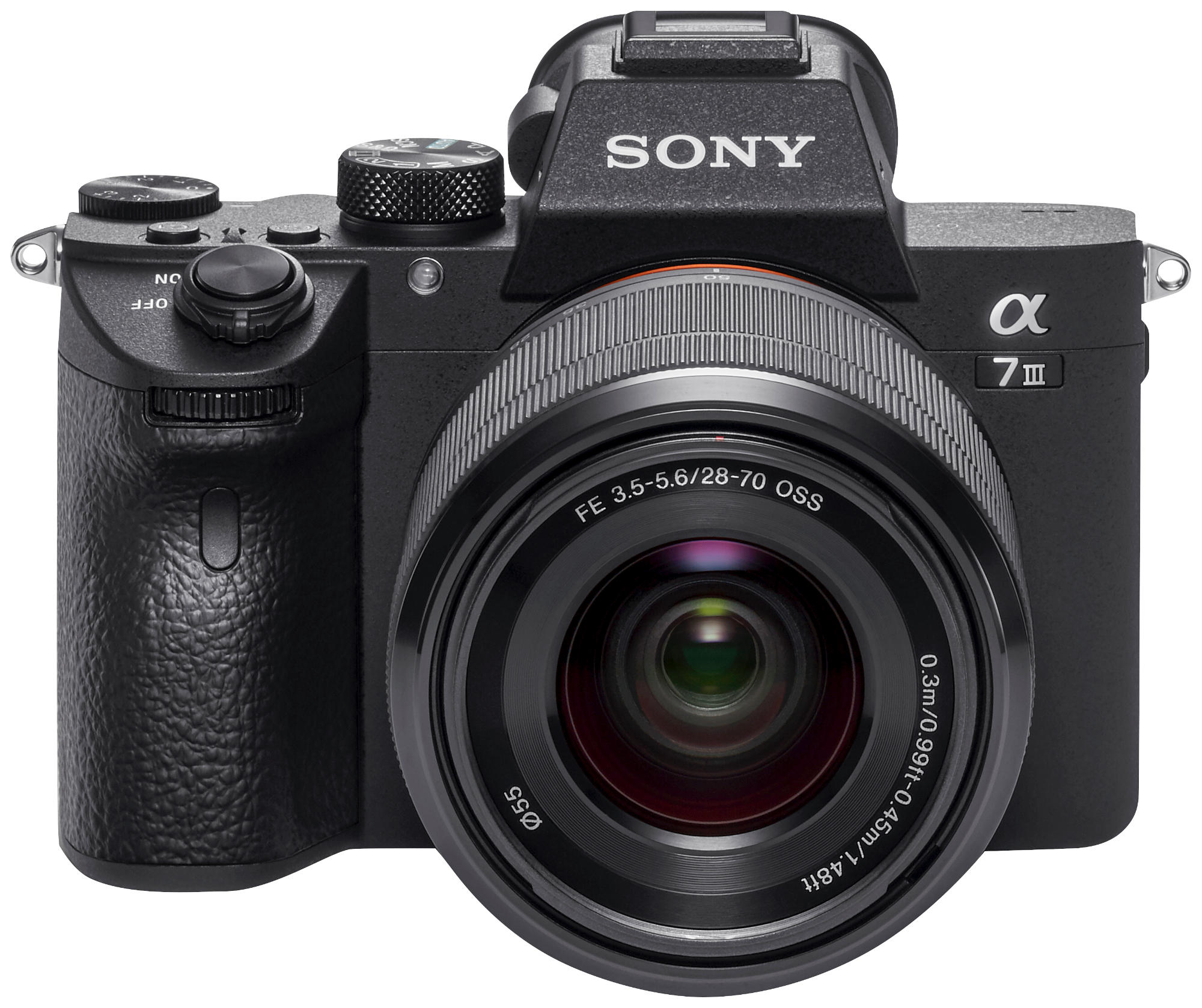 Schwarze Sony α7 III Kamera mit Objektiv. Hat Knöpfe, Rädchen und ein auffälliges Objektiv.
