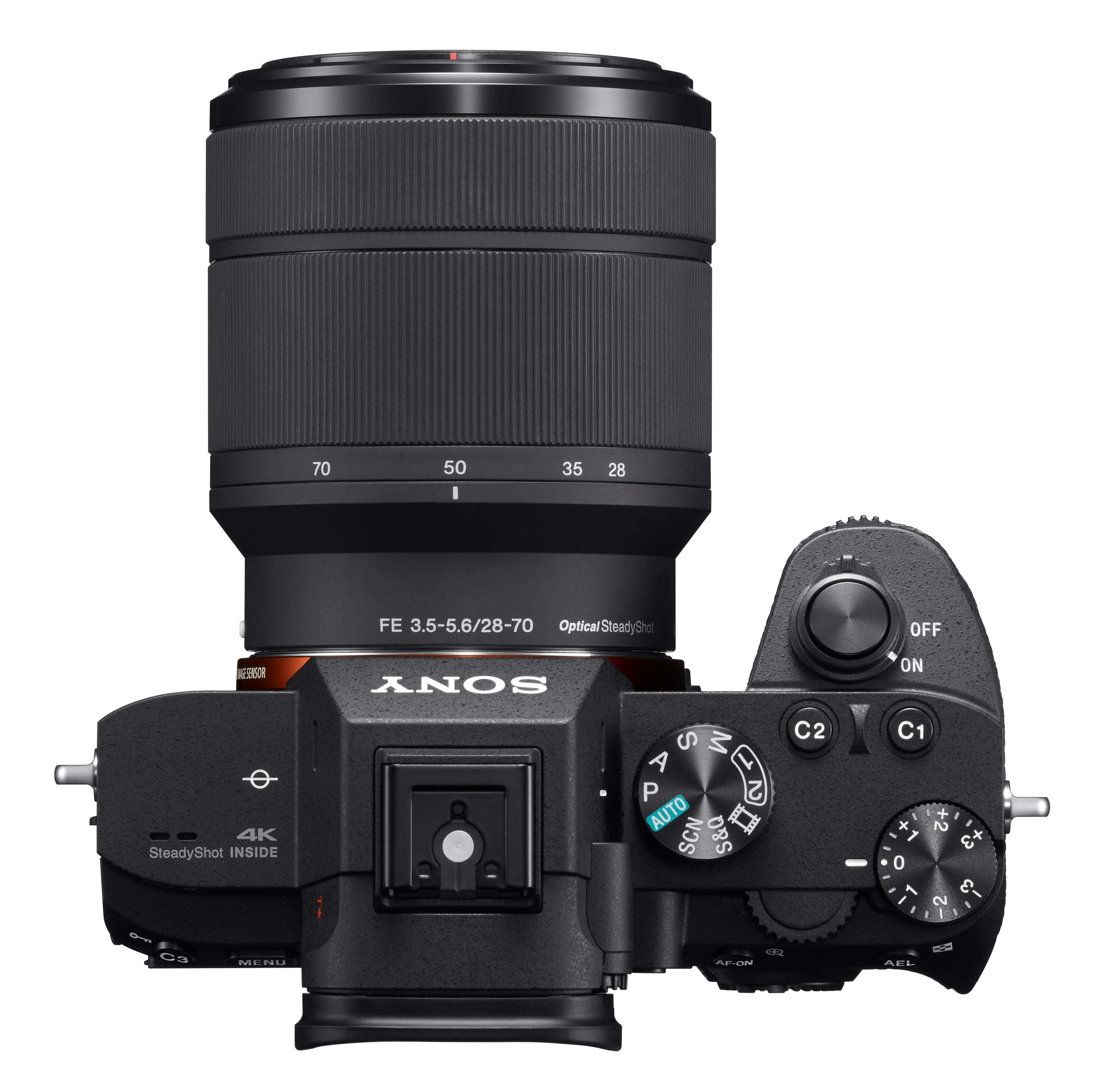 Draufsicht auf eine schwarze Sony-Kamera mit Objektiv. Verschiedene Räder und Tasten sind sichtbar.
