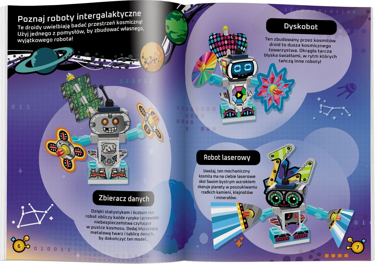 Kolorowe ilustracje robotów w książce. Jeden robot ma obracający się dysk, inny laserowe oko, a trzeci zbiera dane.