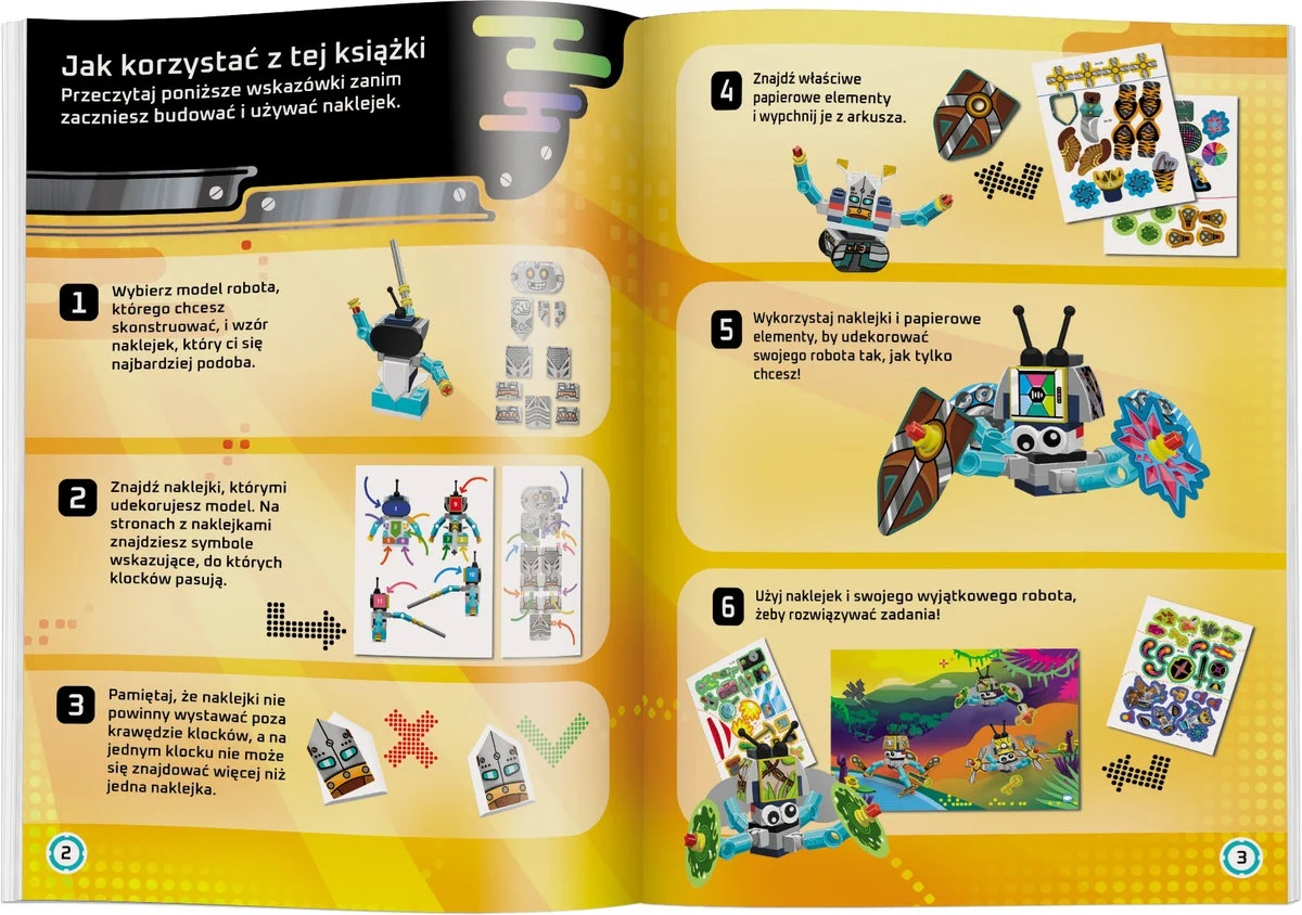 Instrukcje budowy robota z naklejkami, pokazujące różne kroki i przykłady projektów robotów i naklejek.