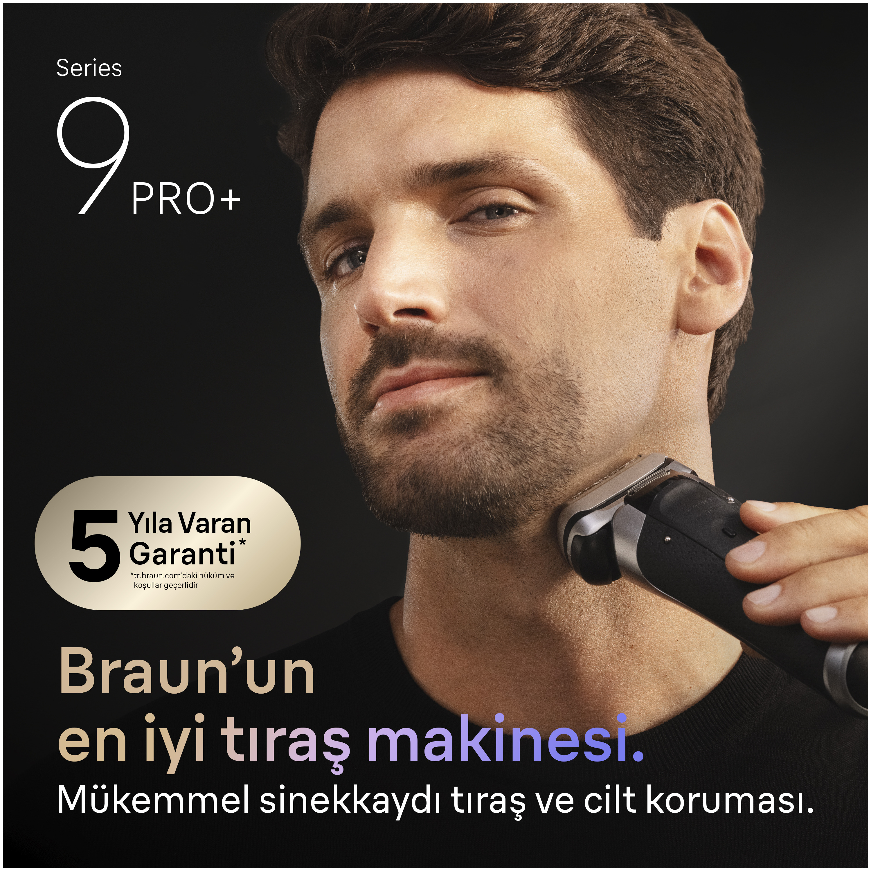 Bir adam elektrikli tıraş makinesiyle sakalını tıraş ediyor. Metin 'Series 9 PRO+' diyor.