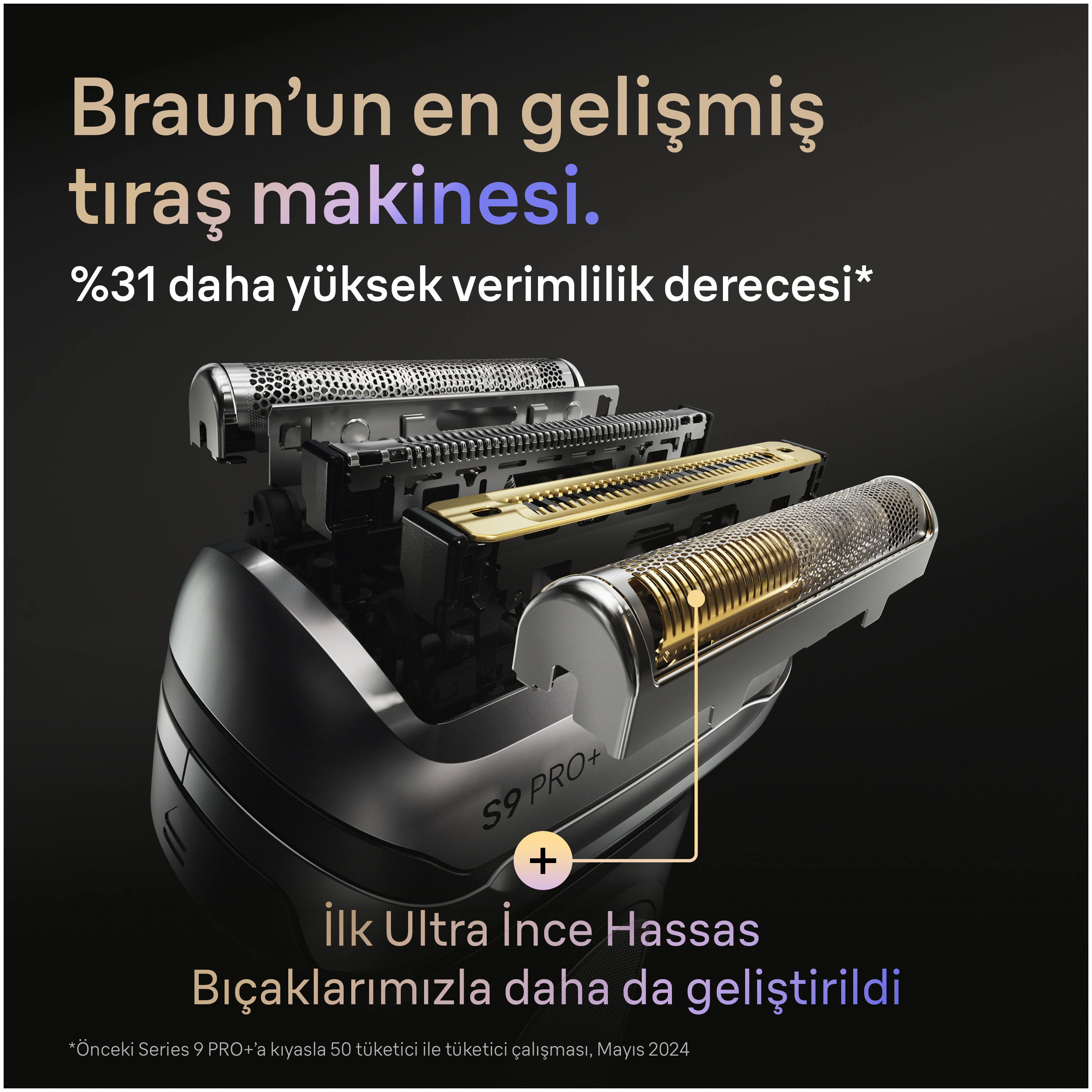 Braun elektrikli tıraş makinesinin yakın çekimi, iç bileşenleri vurgulanmış. Metin 'Braun'un en gelişmiş tıraş makinesi'dir.