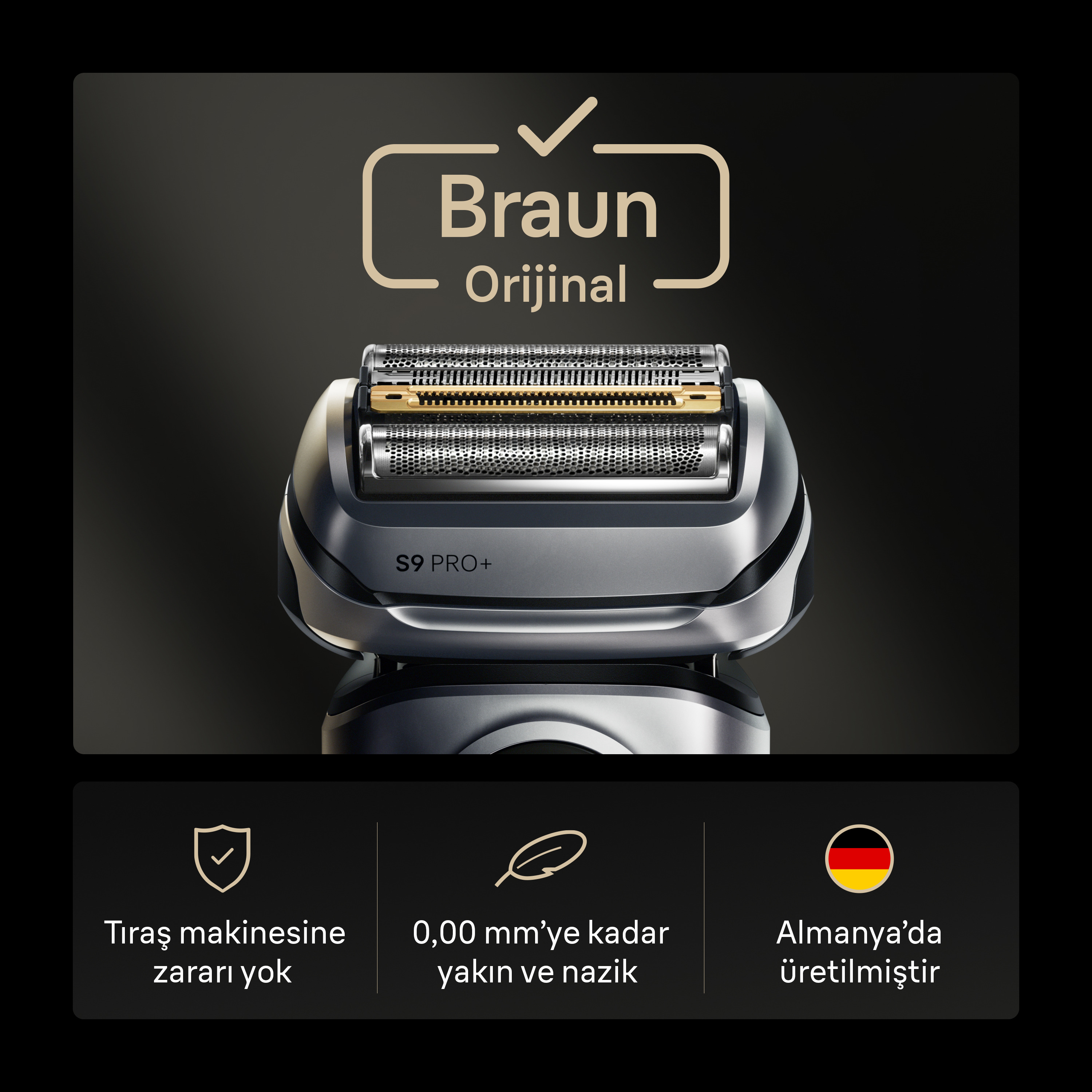 Bir Braun tıraş makinesi, S9 PRO+ modeli gösteriliyor. Metin 'Braun Orijinal'i gösteriyor. Ek metin: 'Almanya'da üretilmiştir'.