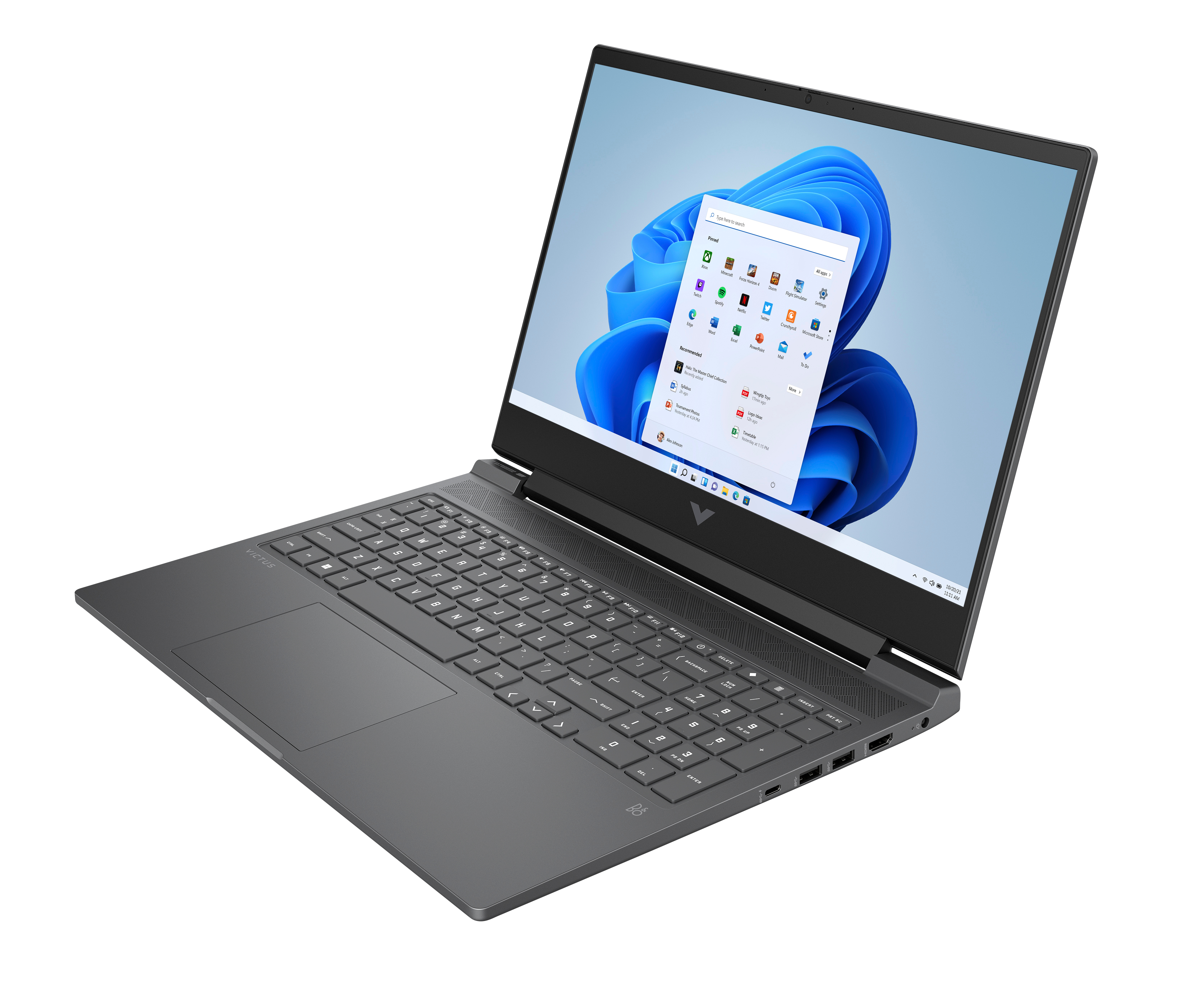 Beyaz arka plan üzerinde gri bir dizüstü bilgisayar. Ekran Windows 11'i gösteriyor. Klavye görünür, Victus logosu solda.