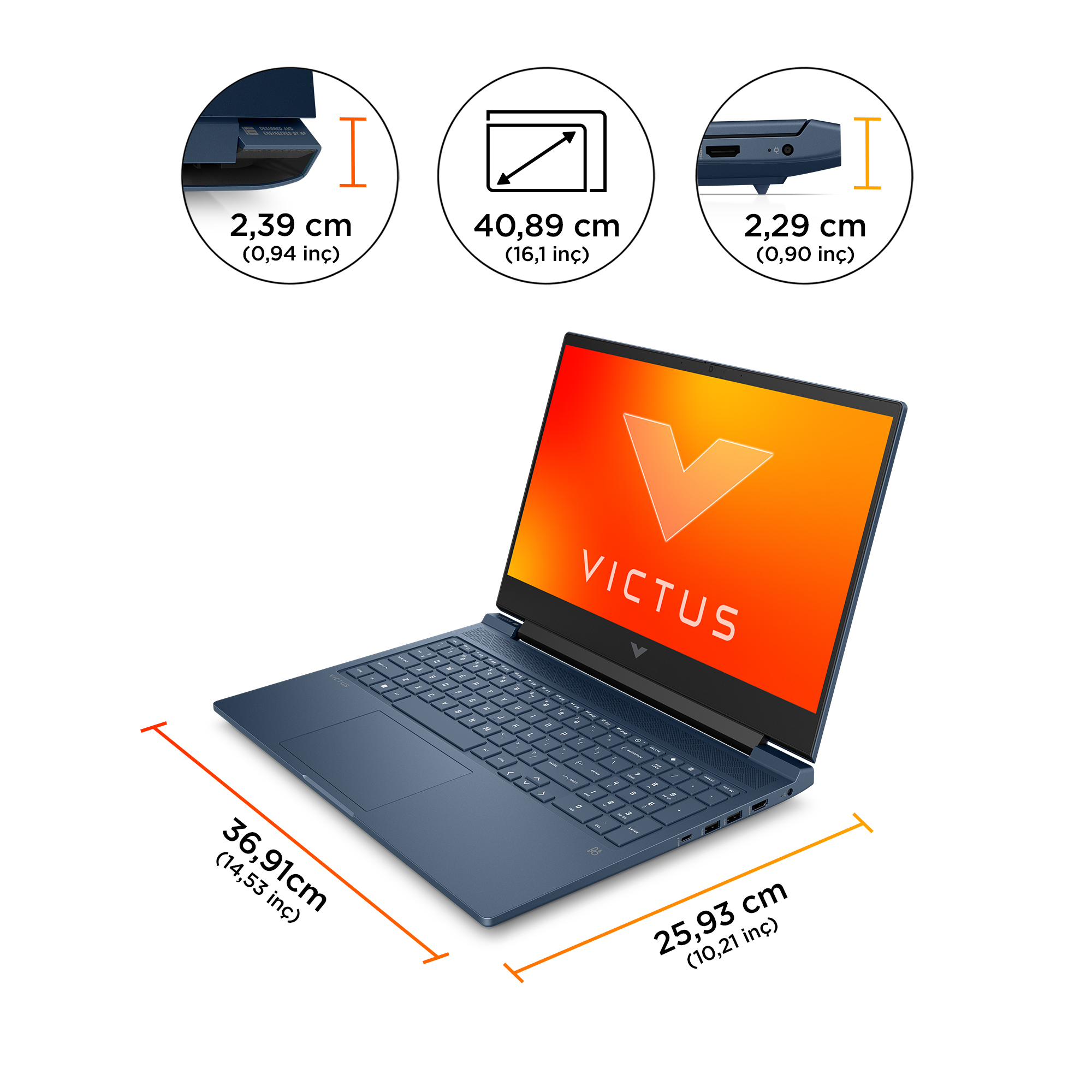 'VICTUS' yazan turuncu ekranlı mavi dizüstü bilgisayar. Boyutlar: 2.39cm, 40.89cm, 2.29cm, 36.91cm ve 25.93cm.