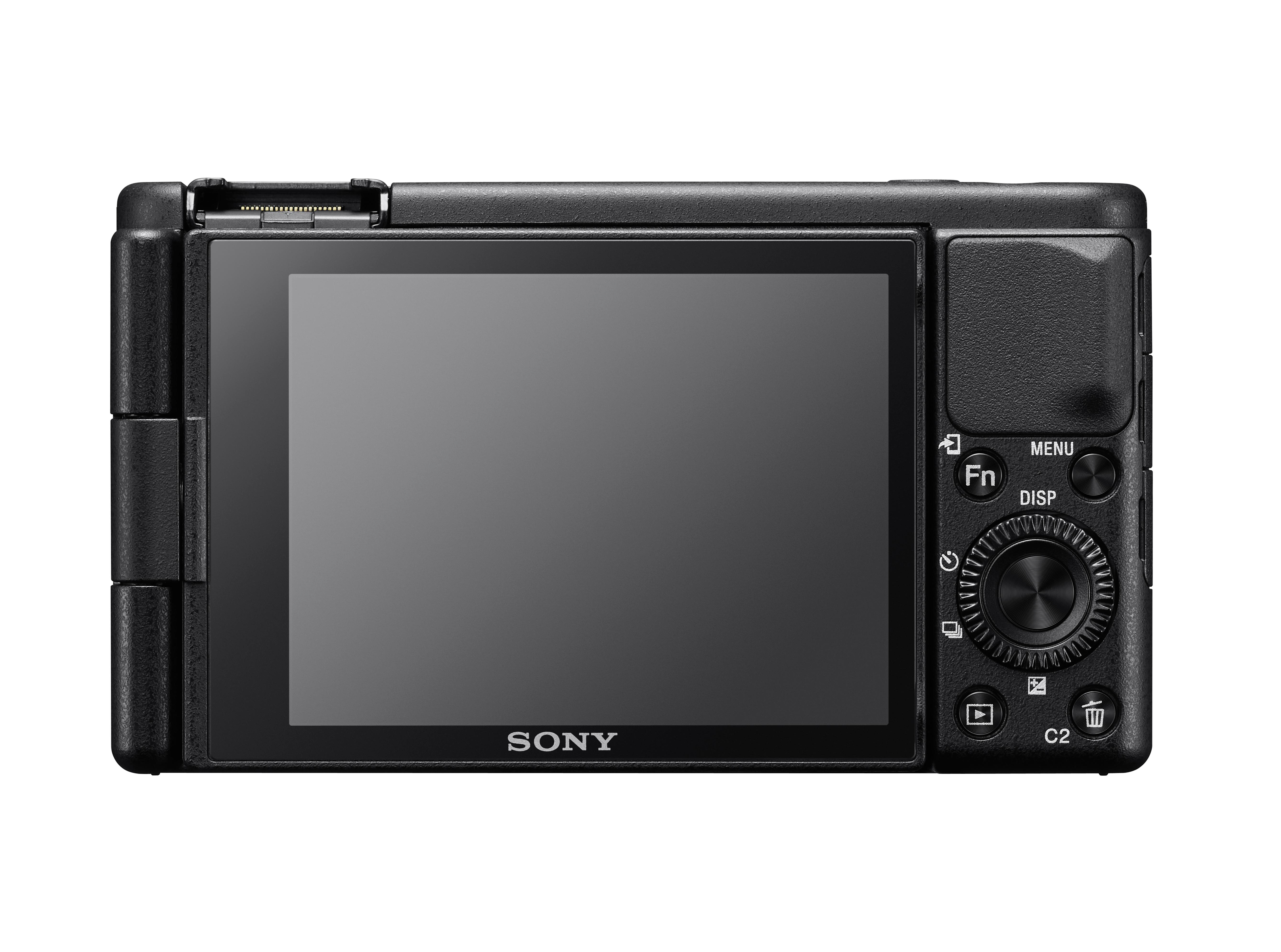 Schwarze Sony-Kamera Rückseite. Großer Bildschirm, Bedientasten, Drehknopf und das Sony-Logo.