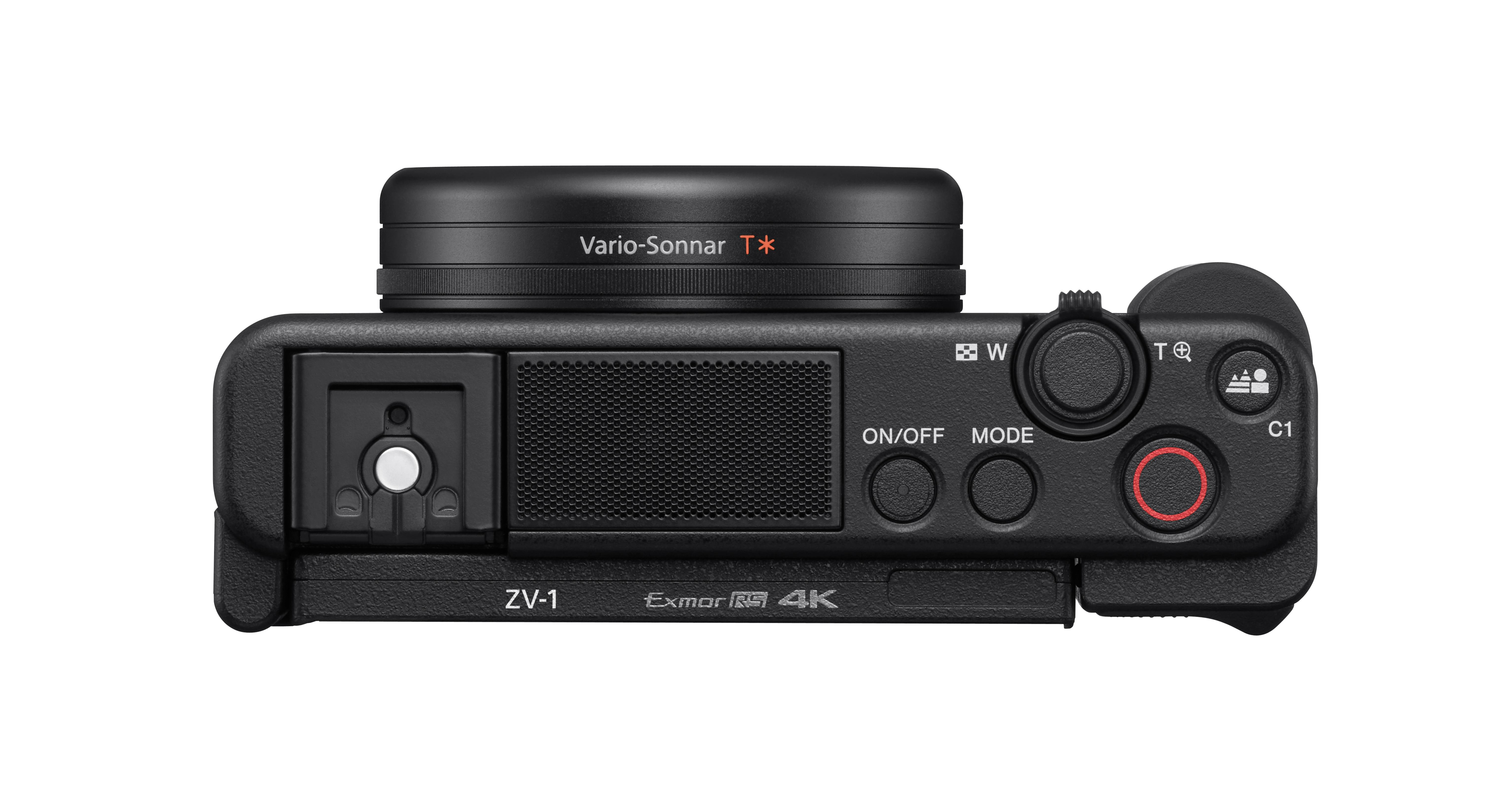 Draufsicht auf eine schwarze Sony ZV-1 Kamera. Sie hat ein Objektiv, Knöpfe und einen roten Aufnahmeknopf. Der Hintergrund ist weiß.