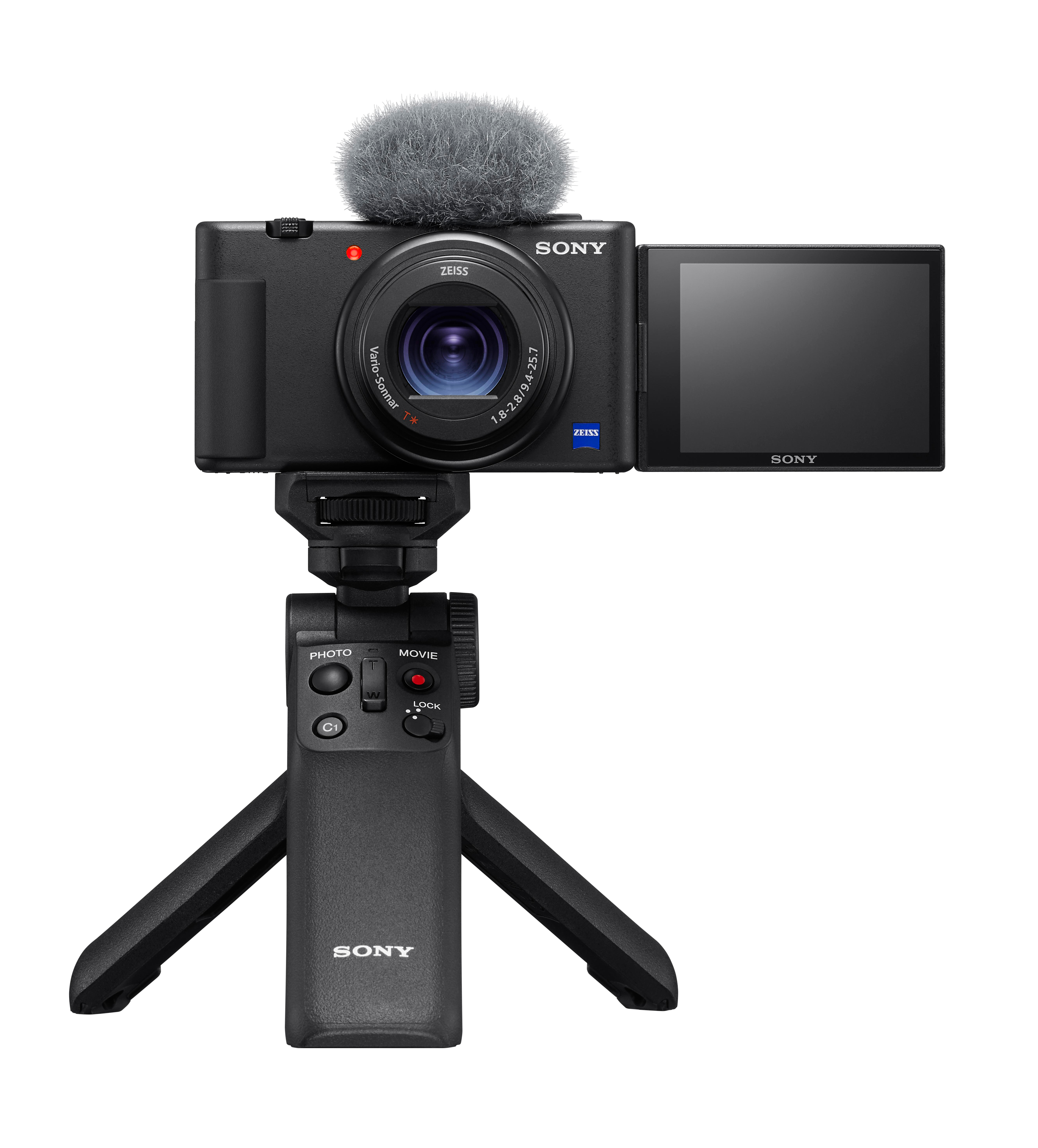 Schwarze Sony-Kamera mit Mikrofon und offenem Bildschirm, montiert auf einem kleinen Stativ.