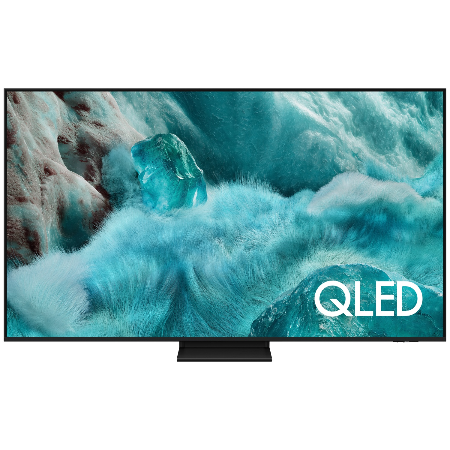 A QLED TV displays a turquoise, abstract image. The screen has a black border and a black stand. The word QLED is on the screen.