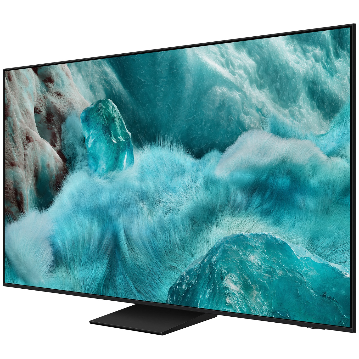 A flat-screen TV displays an abstract scene with blue and white textures resembling ice or fur. The TV rests on a black stand.