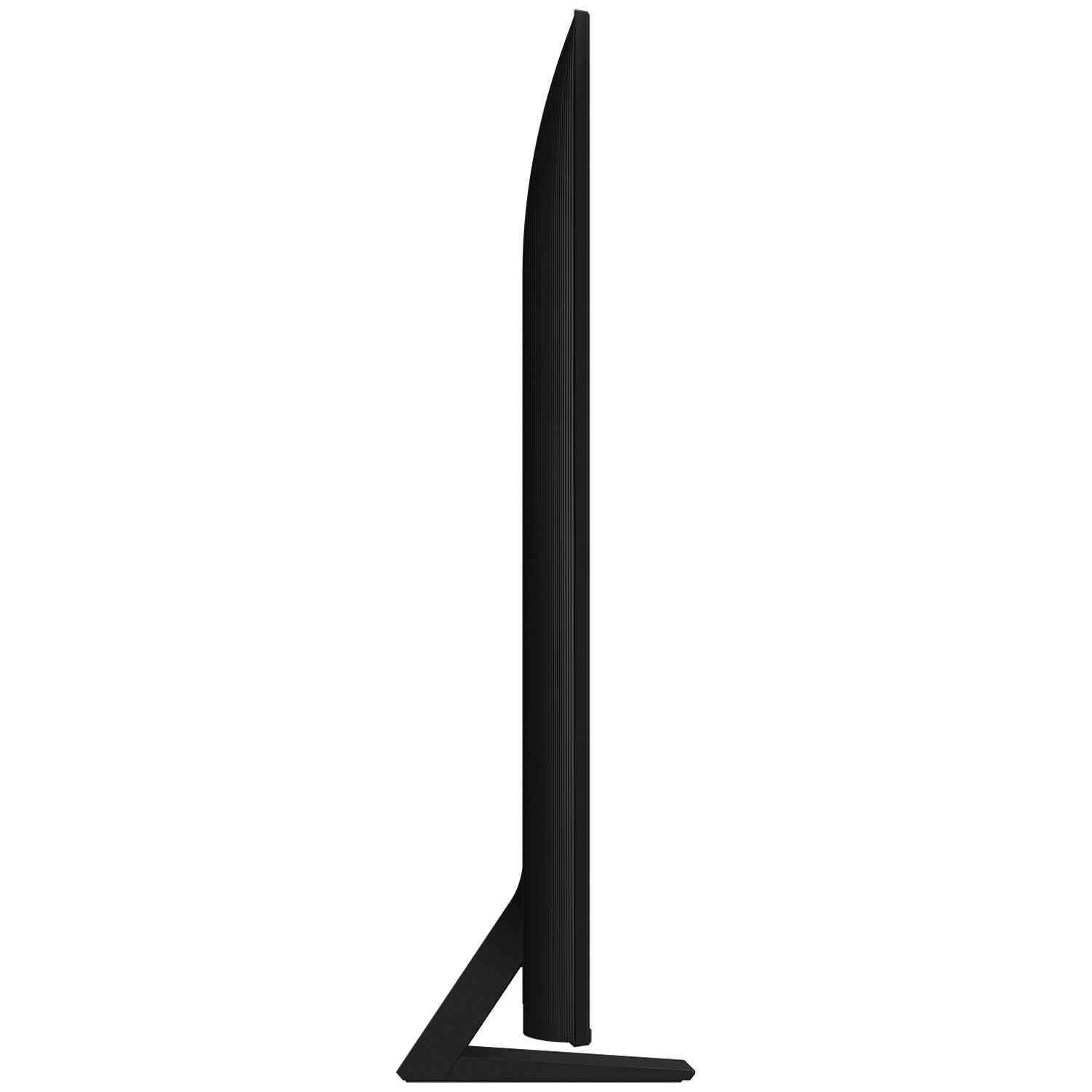 Side view of a black, slim TV on a black stand. The screen is dark, and the TV has a curved design.