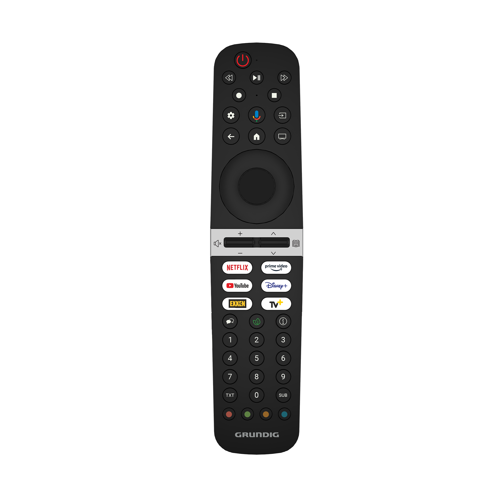 TV işlevleri ve yayın uygulamaları için çoklu düğmeli siyah bir Grundig uzaktan kumandası.