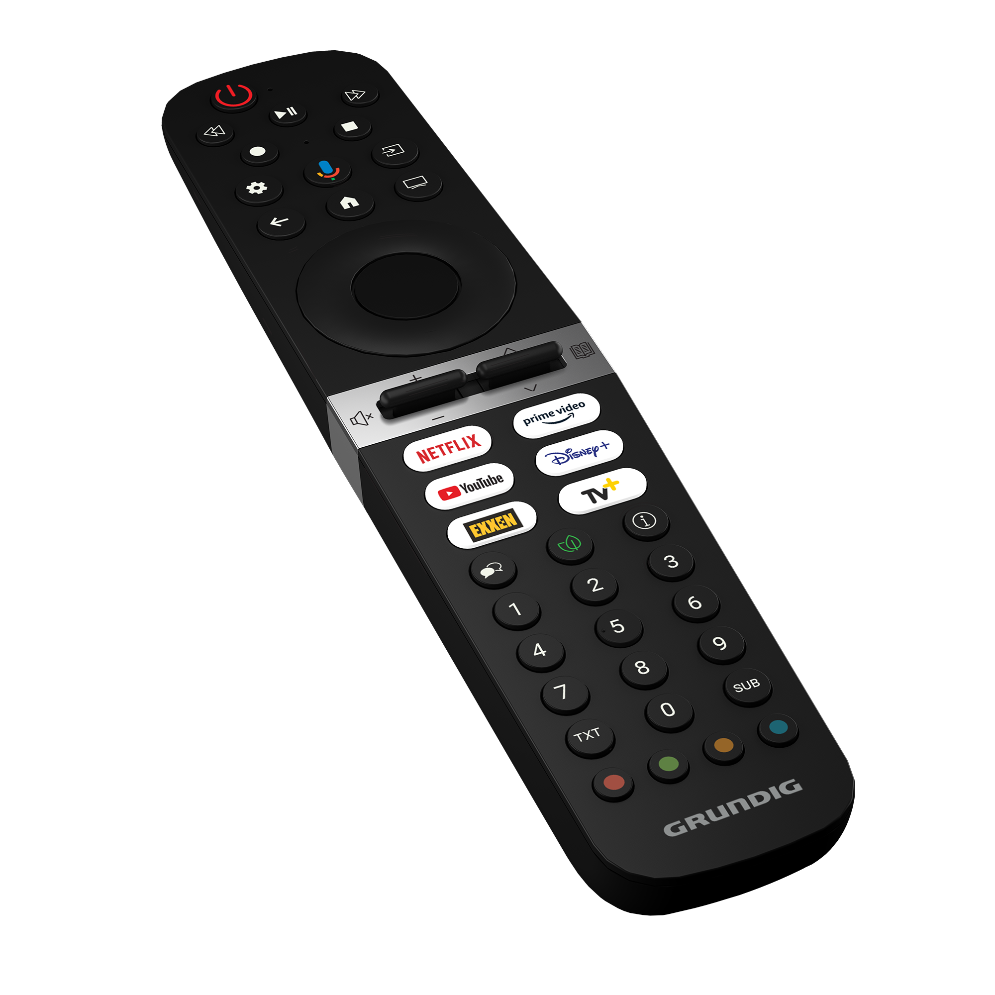 Çoklu düğmeli siyah bir Grundig uzaktan kumandası. Netflix, YouTube ve diğer uygulama düğmeleri var.