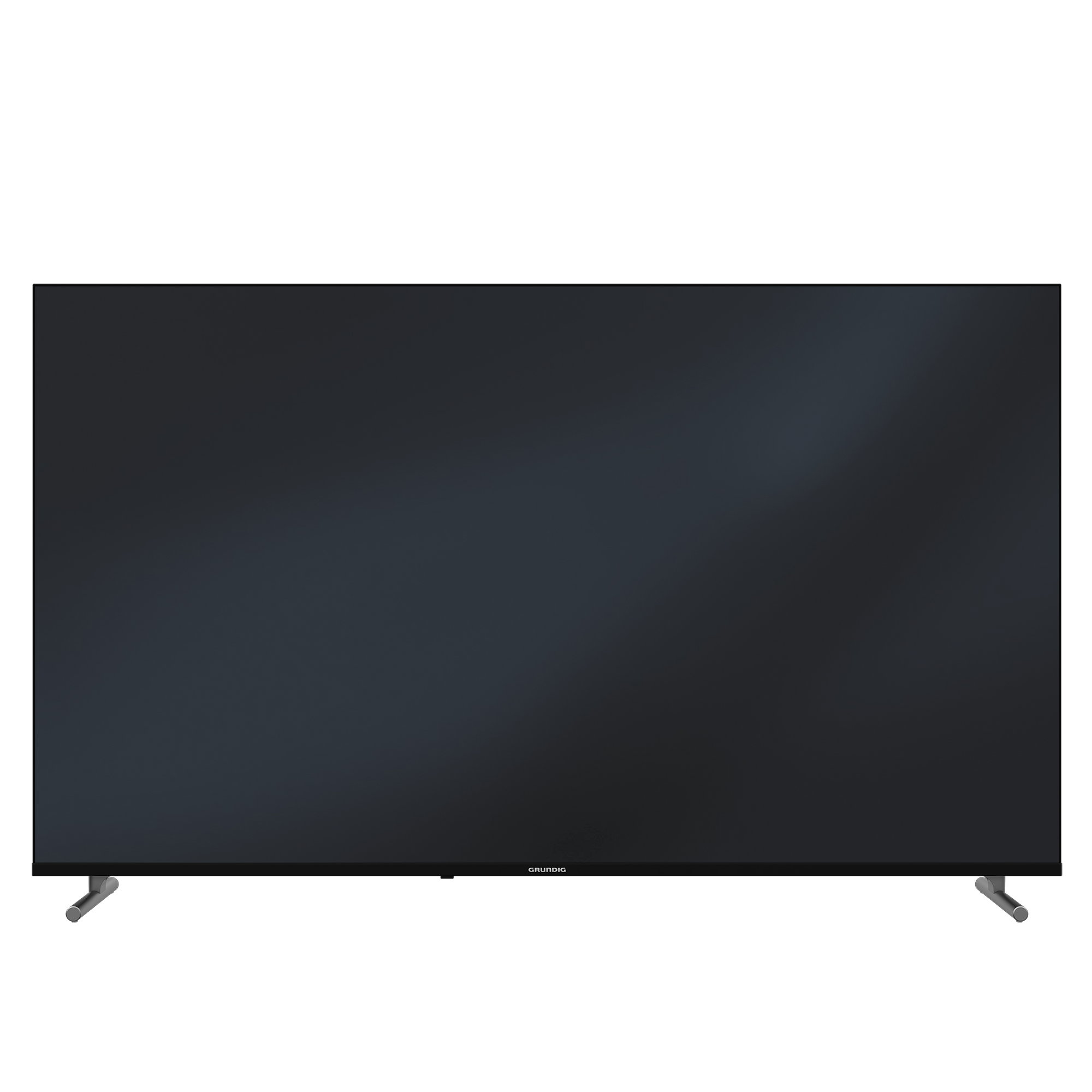 Siyah bir Grundig televizyonu. Ekran karanlık. Alt kısımda gümüş ayaklar var, ortada marka adı var.