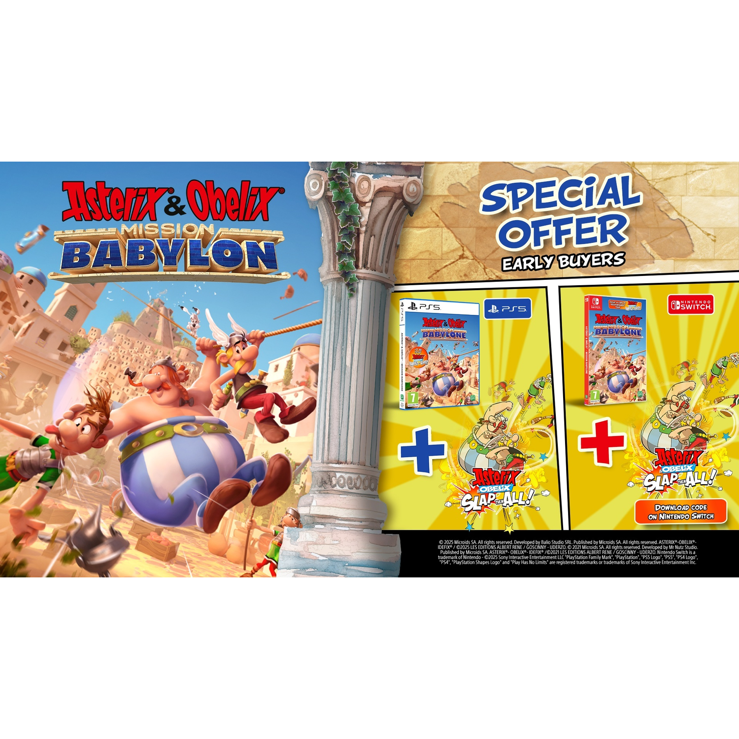 Poster for Asterix & Obelix game. Shows characters, game boxes, and a special offer banner.