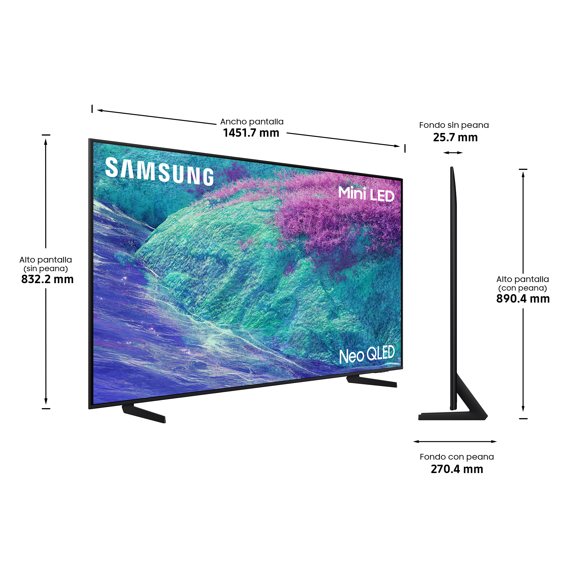 Un televisor Samsung Neo QLED con dimensiones etiquetadas. La pantalla muestra un patrón abstracto colorido.