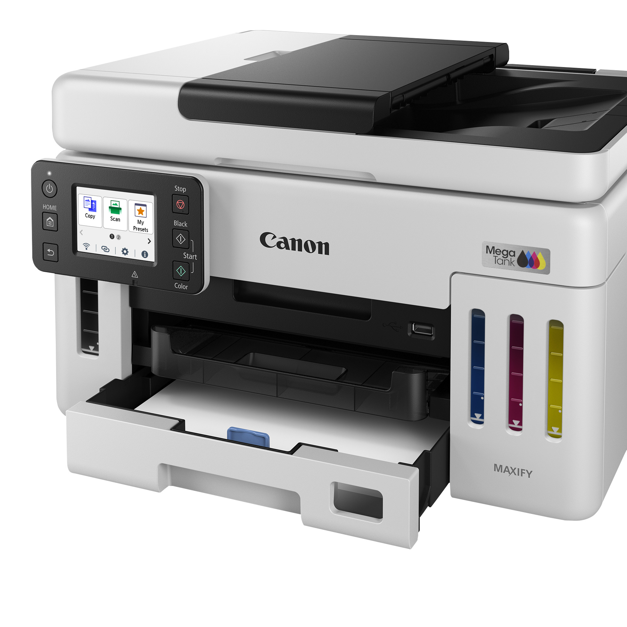 Ein weißer Canon Maxify-Drucker mit schwarzem Deckel. Er hat einen Bildschirm, ein Papierfach und Tintenbehälter.