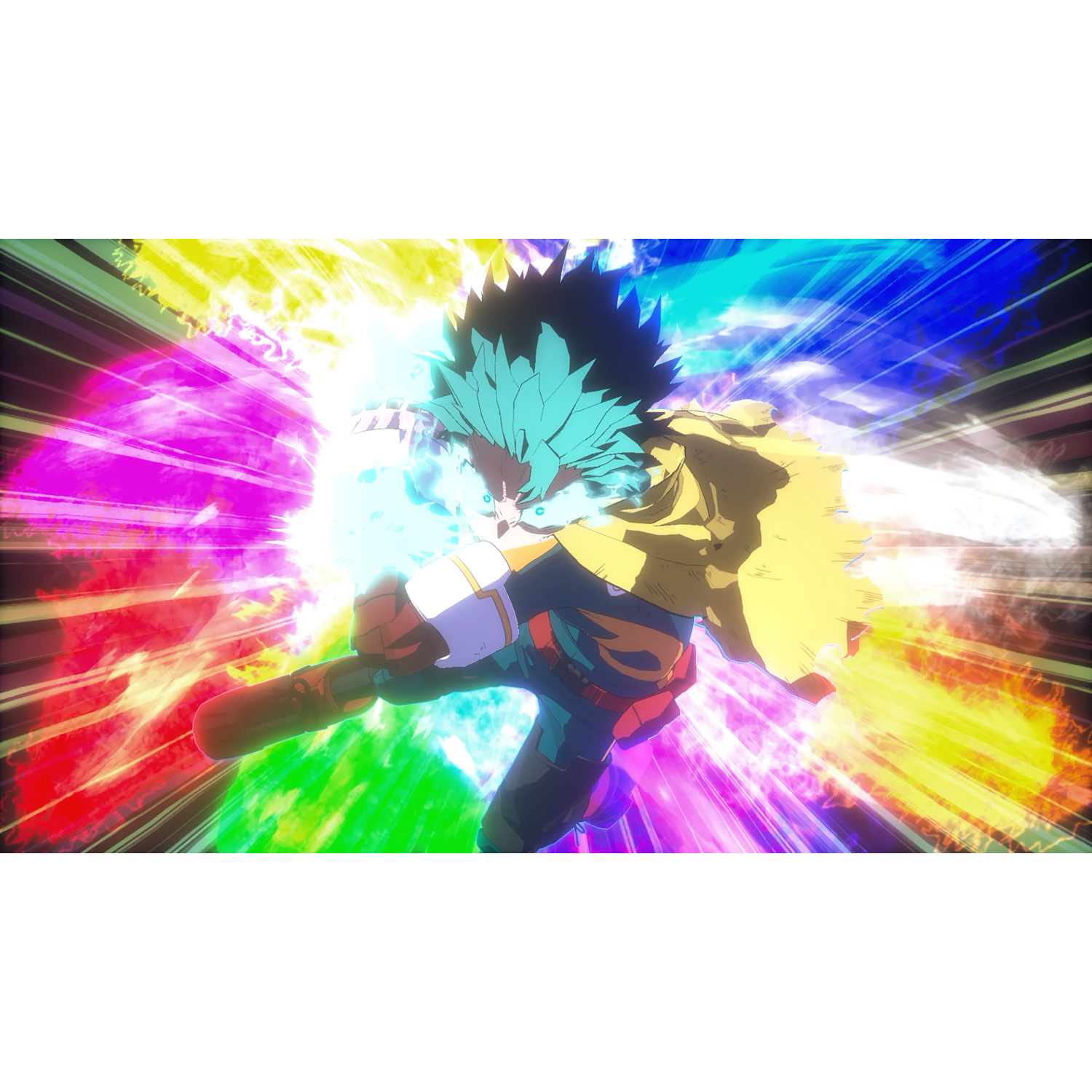 Anime-personage met turquoise haar, omringd door kleurrijke energie-uitbarstingen van rood, groen, geel en blauw, in een pose.
