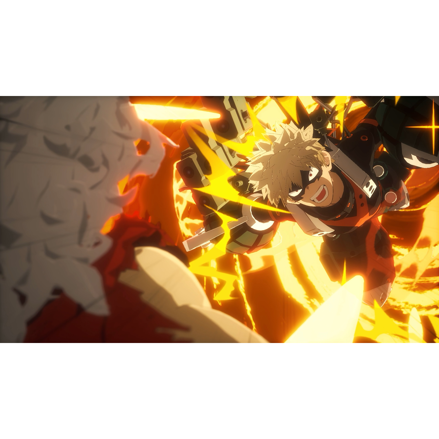 Anime-scène van twee vechtende personages met explosies. Eén heeft stekelig blond haar, de ander is zichtbaar in silhouet.