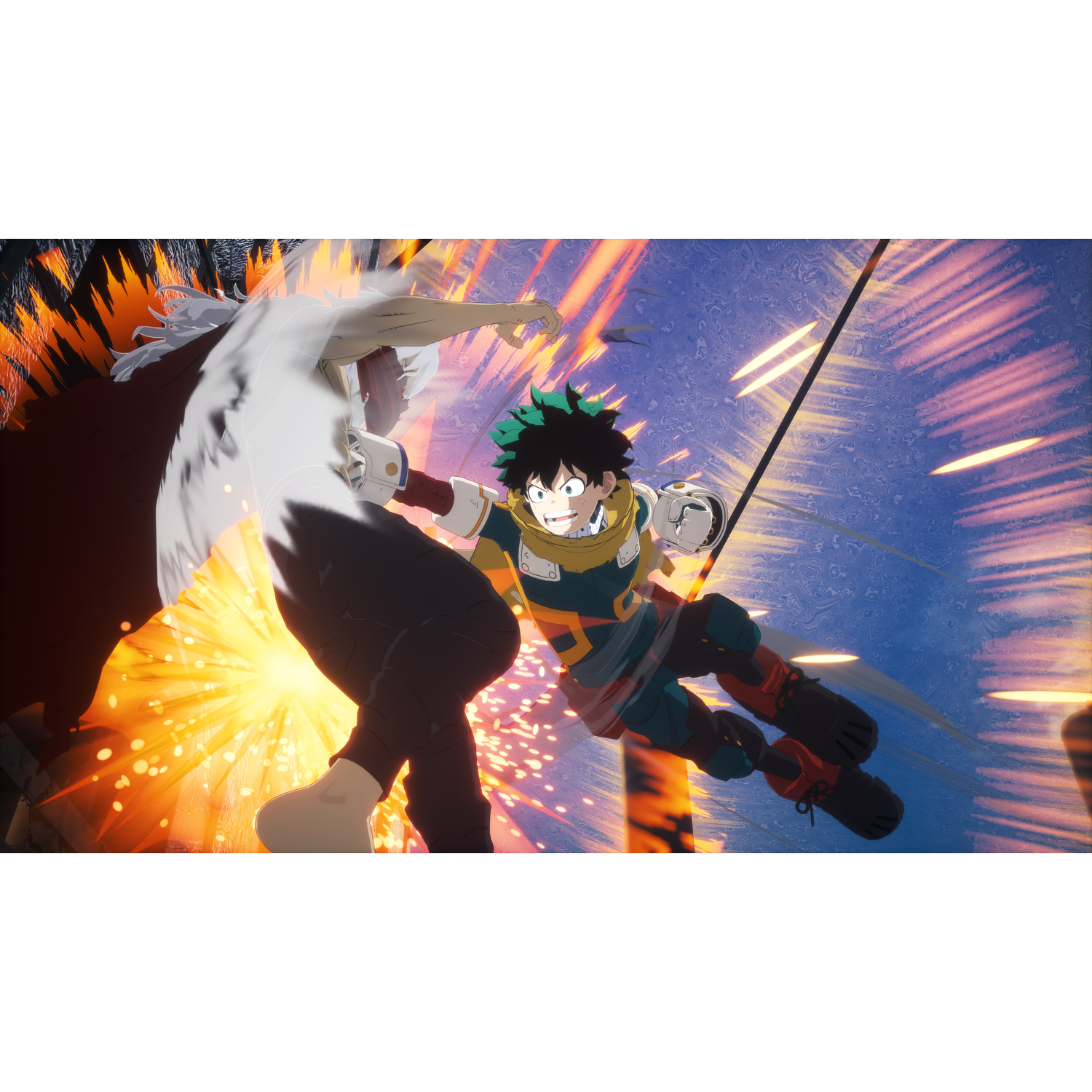 Anime gevechtsscène. Twee personages botsen te midden van explosies en energie-uitbarstingen. Eén in groen, de ander met wit haar. Actie en drama.