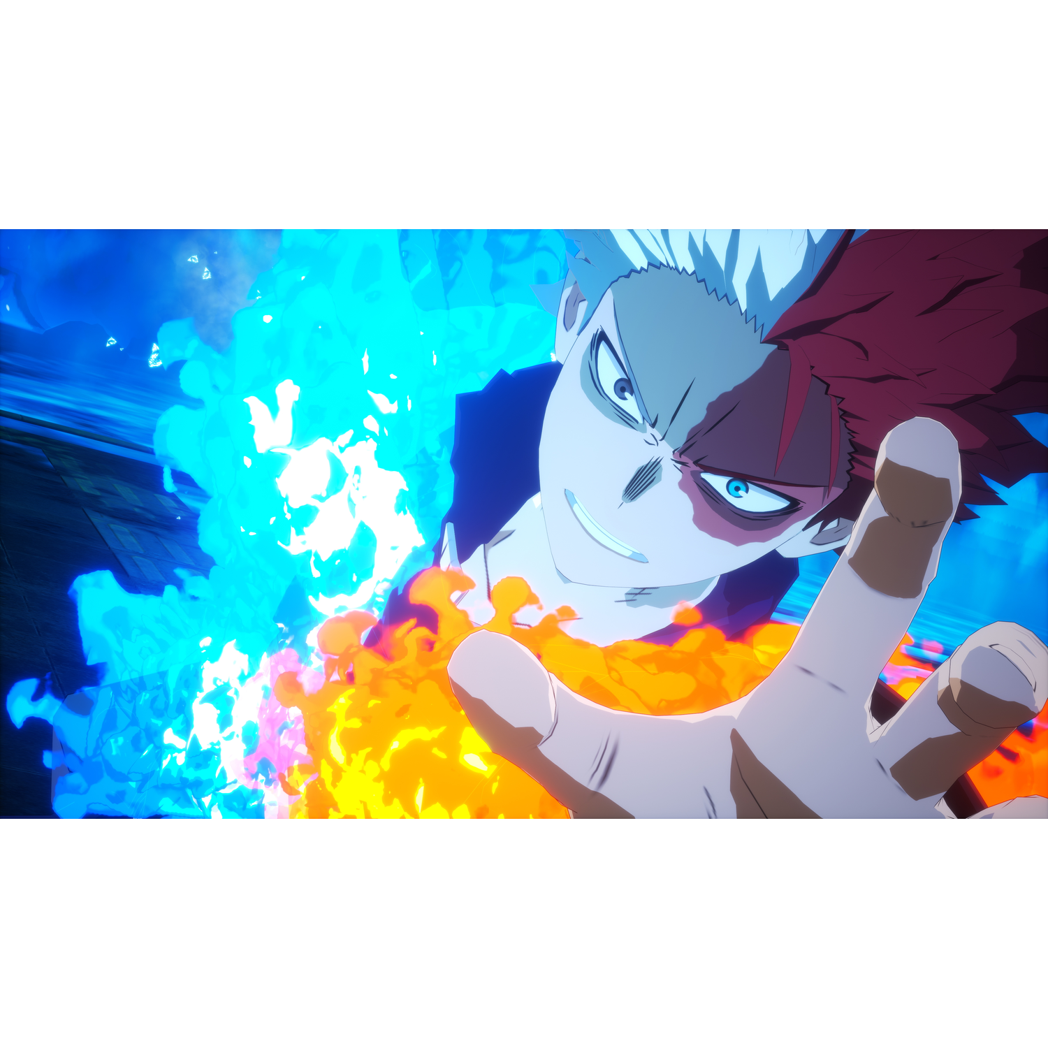 Anime-personage met rood/wit haar, blauwe ogen, omgeven door blauw en oranje vuur, met uitgestoken hand.