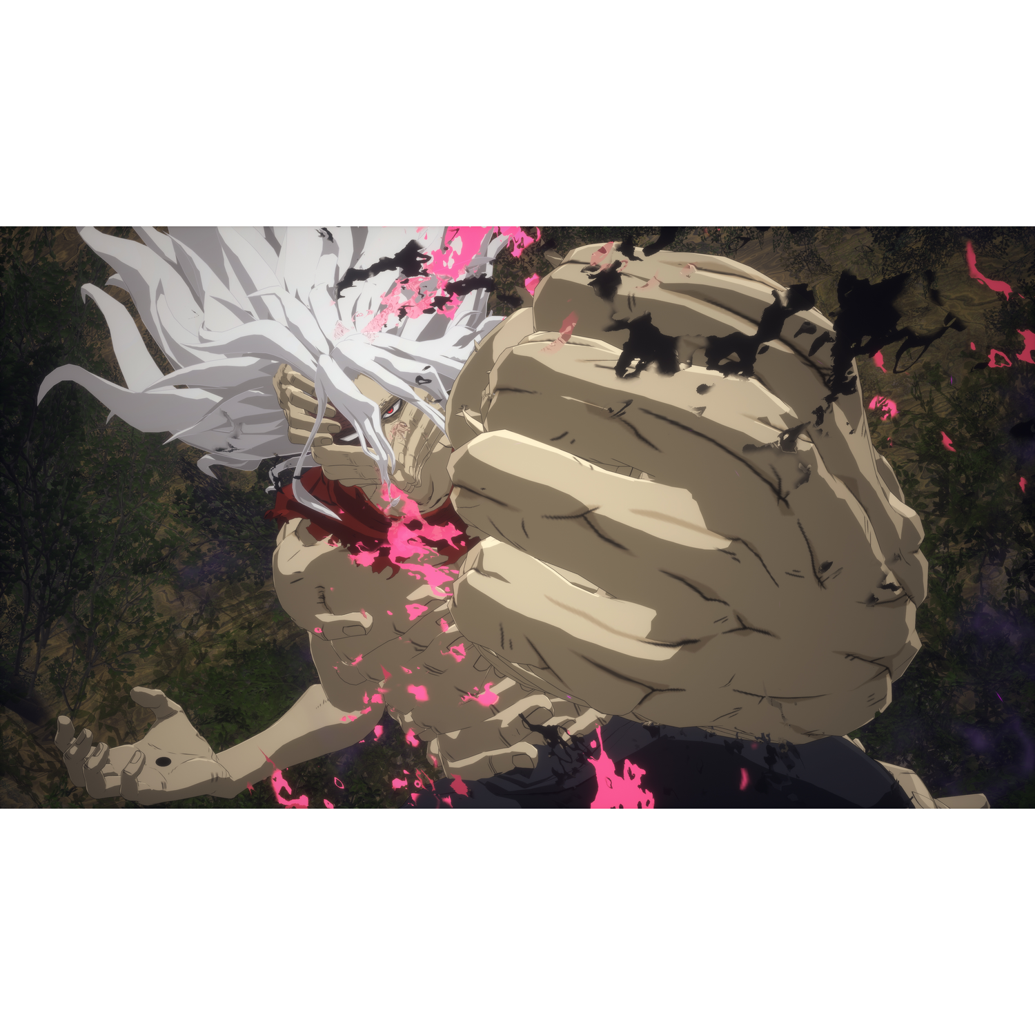 Anime-personage met wit haar en rode sjaal, aan het slaan. Roze en zwarte effecten rond het personage. Groen bos op de achtergrond.