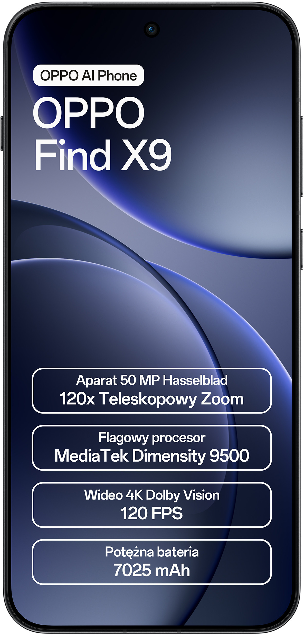 Obraz telefonu OPPO Find X9, czarna ramka, ze specyfikacjami: aparat 50MP Hasselblad, zoom 120x, mocna bateria.