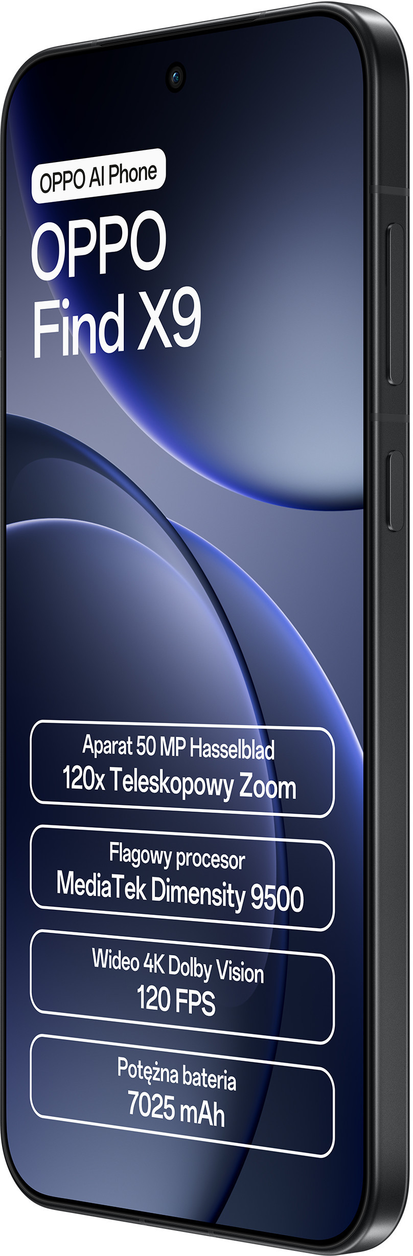 Smartfon Oppo Find X9 50MP Hasselblad, zoom 120x, MediaTek Dimensity 9500, 4K Dolby Vision i bateria 7025 mAh wyświetla na ekranie.
