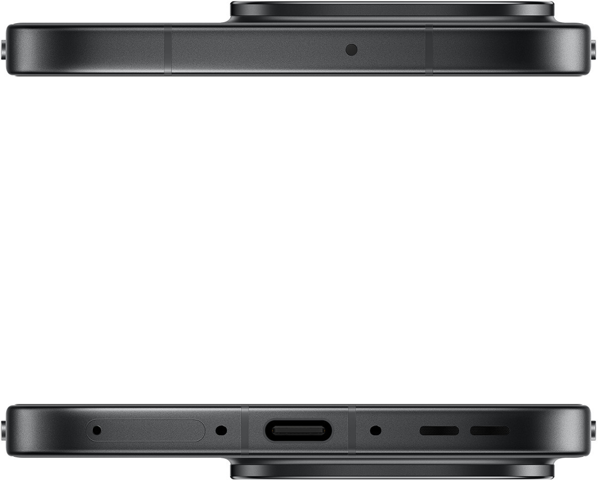 Widok z góry i z dołu ciemnoszarego smartfona. Na górze znajduje się aparat i mikrofon. Na dole port USB-C i głośniki.
