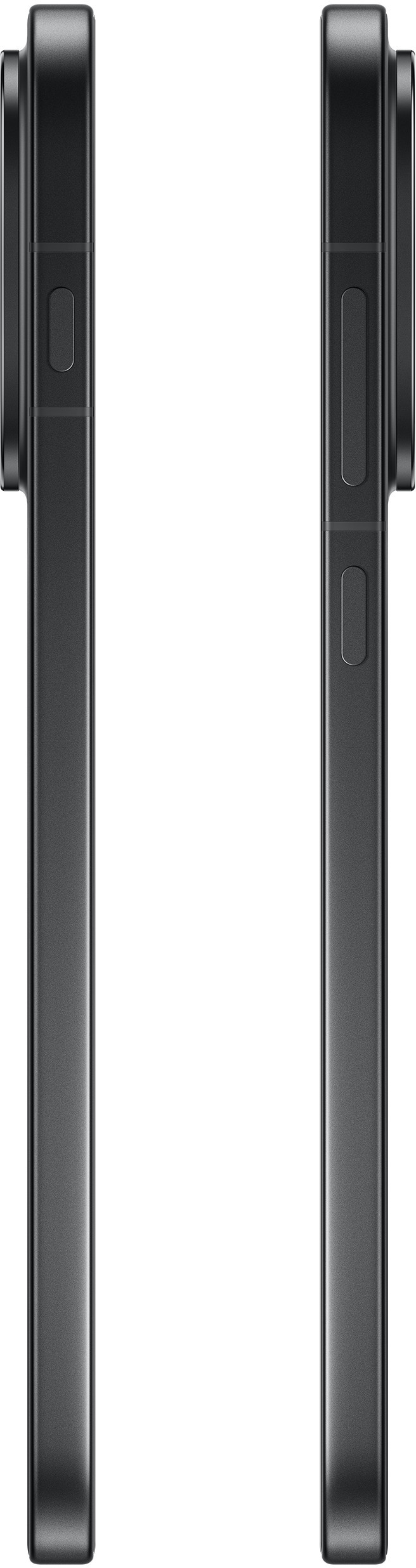 Widok z boku ciemnoszarego smartfona. Przyciski widoczne po bokach. Białe tło.