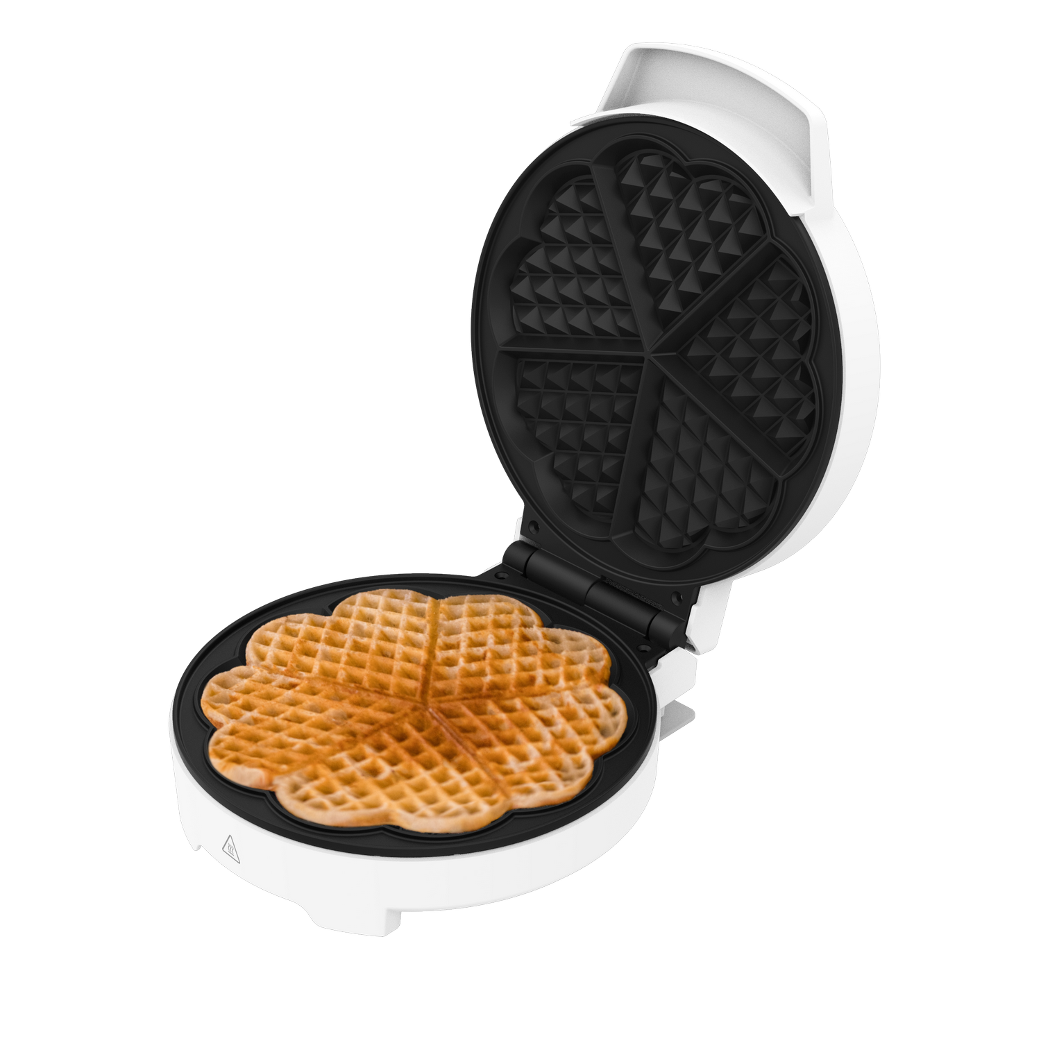Wafflera blanca abierta con un gofre dorado en forma de corazón. La parte superior está abierta, mostrando la superficie negra.