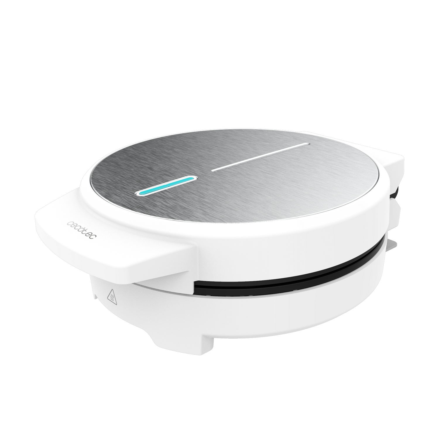 Una máquina de hacer gofres blanca y plateada. Tiene forma redonda con tapa plateada. La marca 'cecotec' es visible. Fondo gris.
