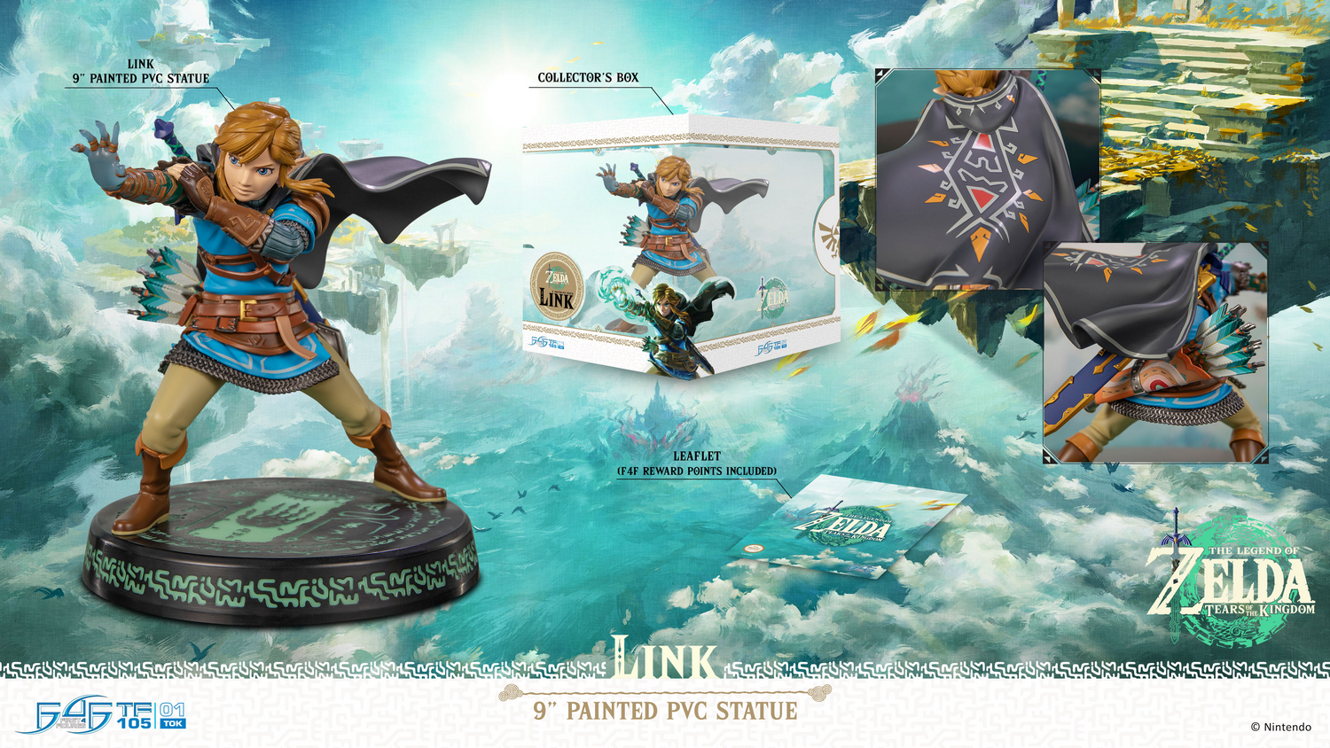 Una estatua de Link de Zelda Tears of the Kingdom, con una caja de coleccionista. Tiene una túnica azul, botas marrones y una capa negra.