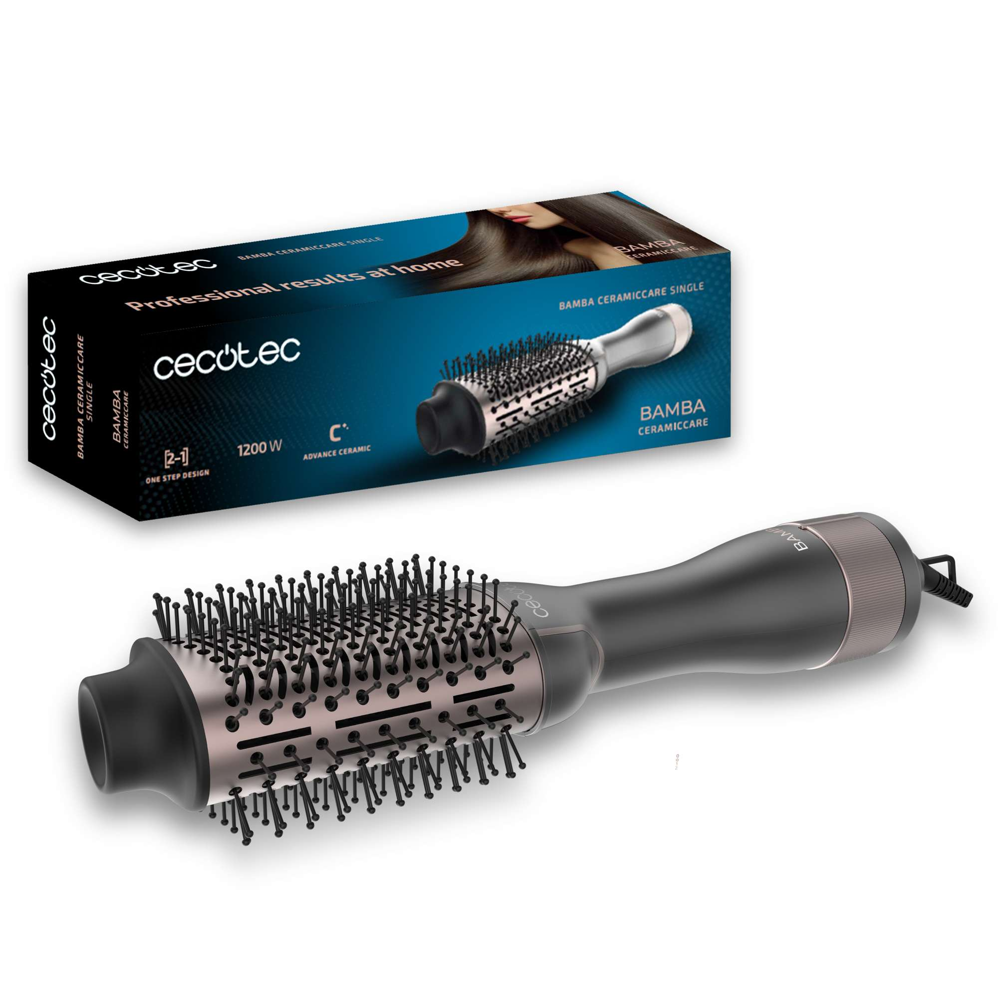 Un cepillo para peinar el cabello con una caja. El cepillo es negro y oro rosa. La caja es azul y blanca.