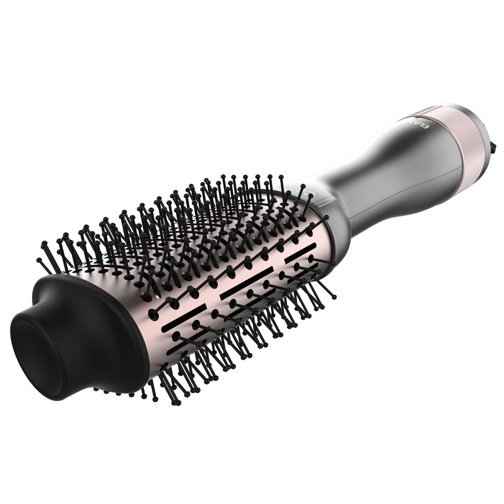 Un cepillo para peinar el cabello con mango negro, detalles oro rosa y cerdas negras, sobre fondo blanco.