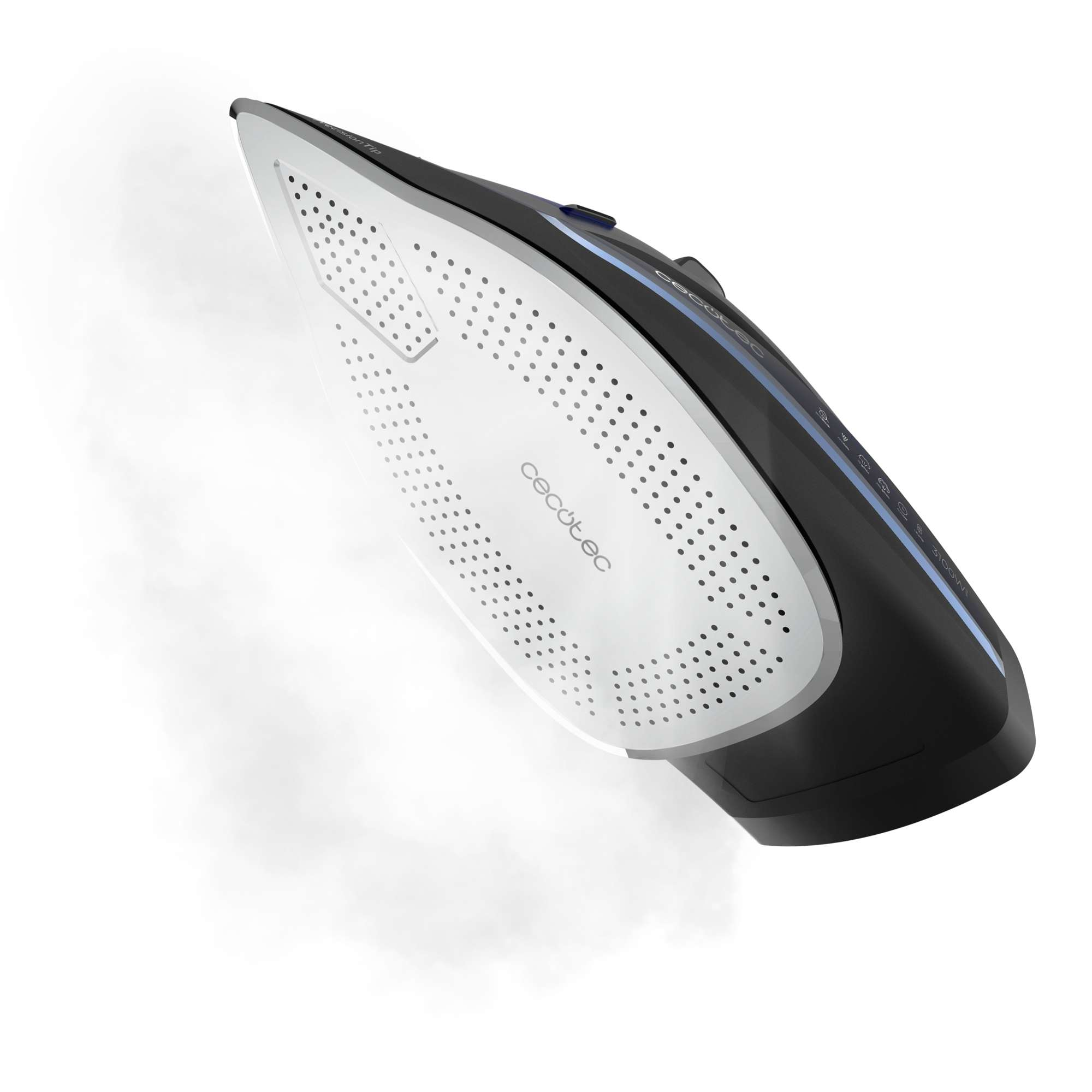 Una plancha en blanco y negro con vapor saliendo. Tiene una suela blanca con pequeños agujeros y el nombre de la marca.