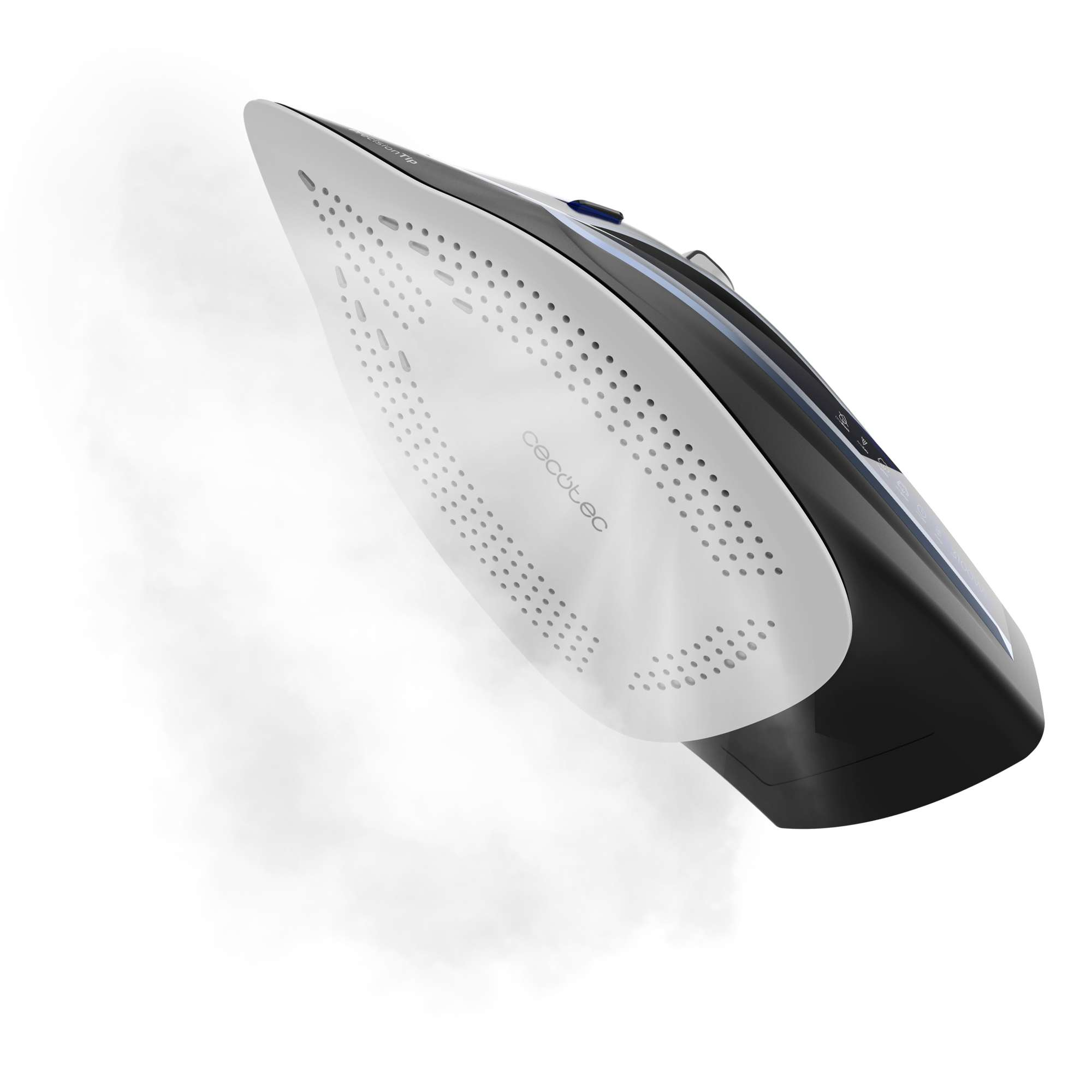 Una plancha en blanco y negro con vapor saliendo. La plancha está inclinada. Fondo blanco.