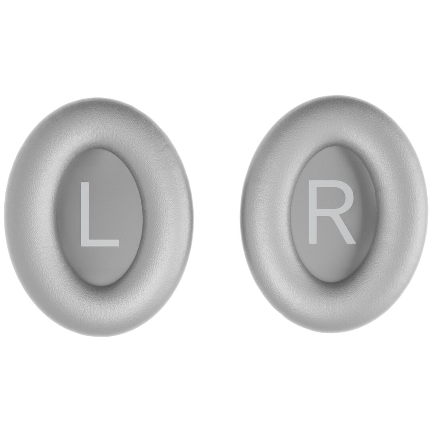 Two gray ear cushions with letters 'L' and 'R' inside. The cushions are oval-shaped and isolated on a white background.