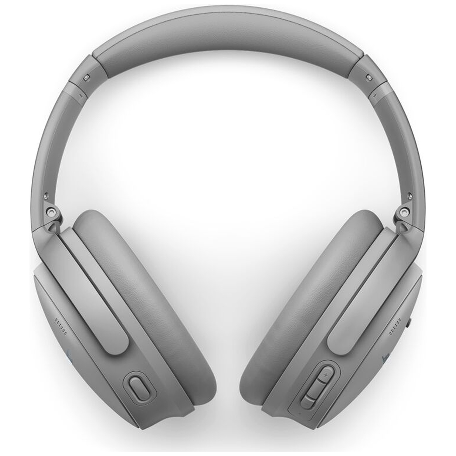 Over-ear gray headphones on a white background. The headband is arched, and the earcups are angled. Buttons are on the earcups.